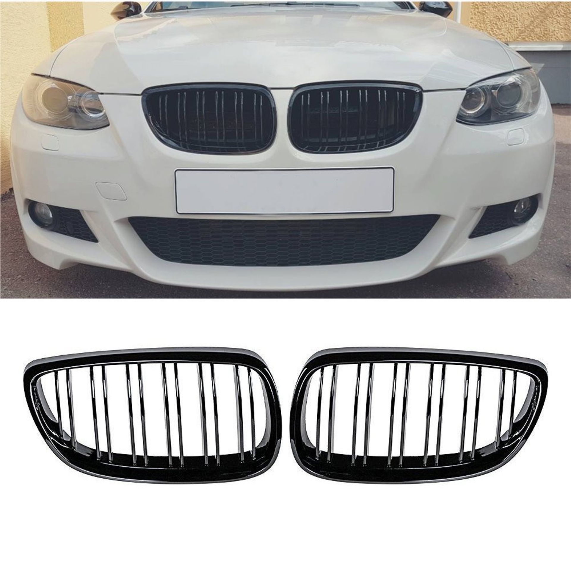 Front Bumper Kidney Twin Fins Sport Grille for BMW E92 E93 M3 2006-2009 Pre-Facelift - Gloss Black