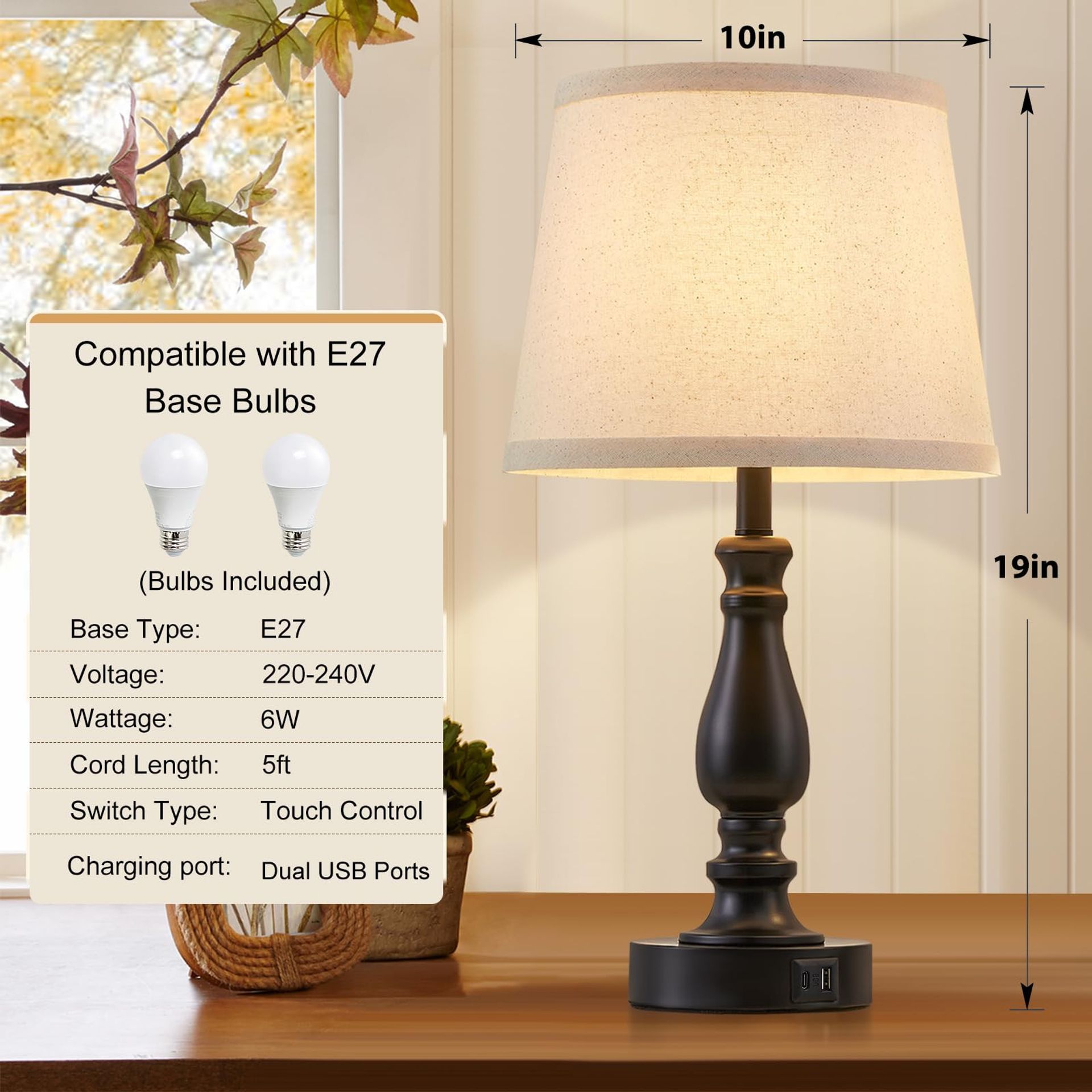 Rinweey 30” White & Gold Touch Table Lamp – 3-Way Dimmer, USB-A+C Ports, LED Bulb Included