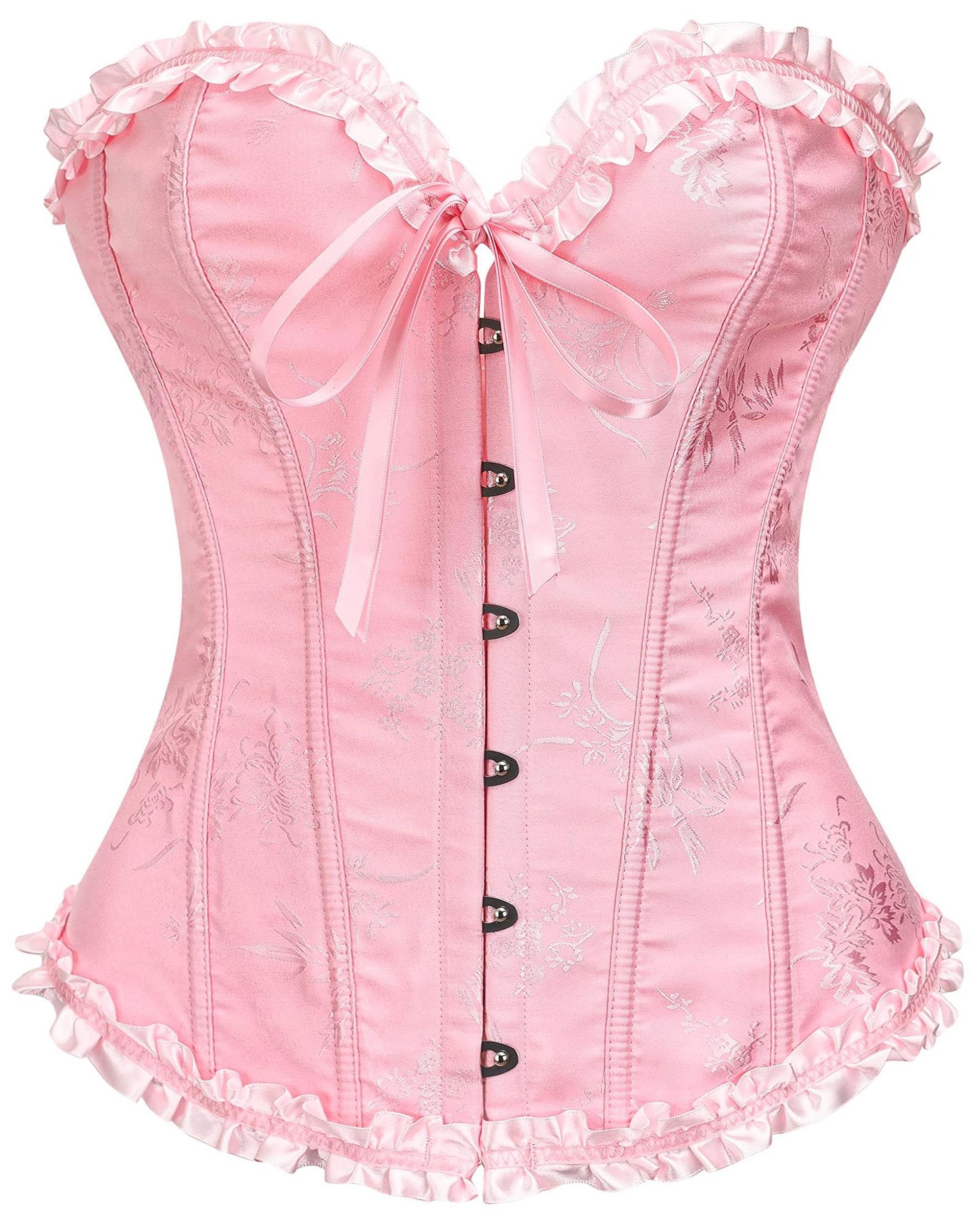 Women's Lace Corset Top Bustier Shapewear Lingerie with Adjustable Lace-Up Back - Powder Pink L - Valentines - Valentines