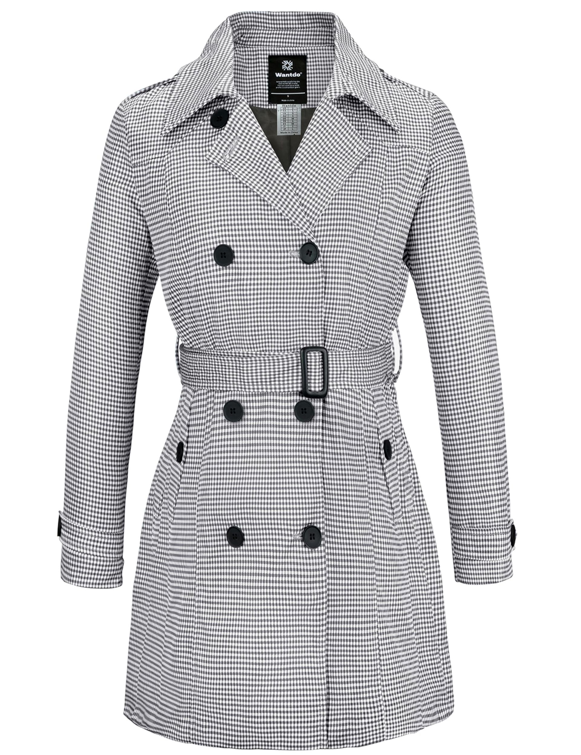 Women's Waterproof Double-Breasted Trench Coat Classic Lapel Belted Slim Overcoat - Plaid M
