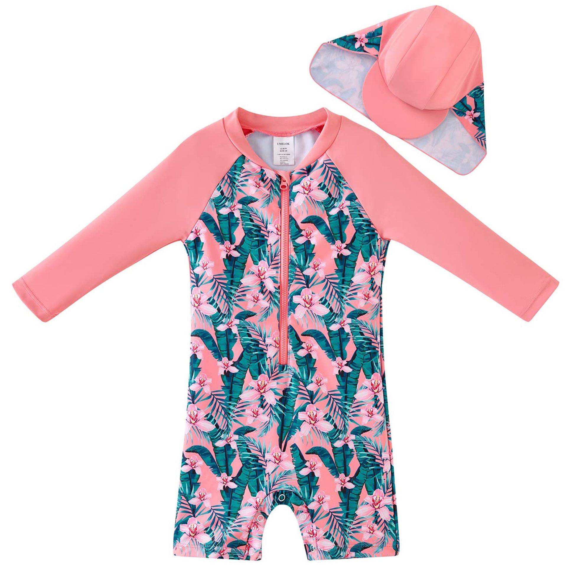 Baby Girls UPF 50+ Sun Protection All-in-One Swimsuit Long Sleeves Quick Dry - Pink/Coconut 9-12 Months