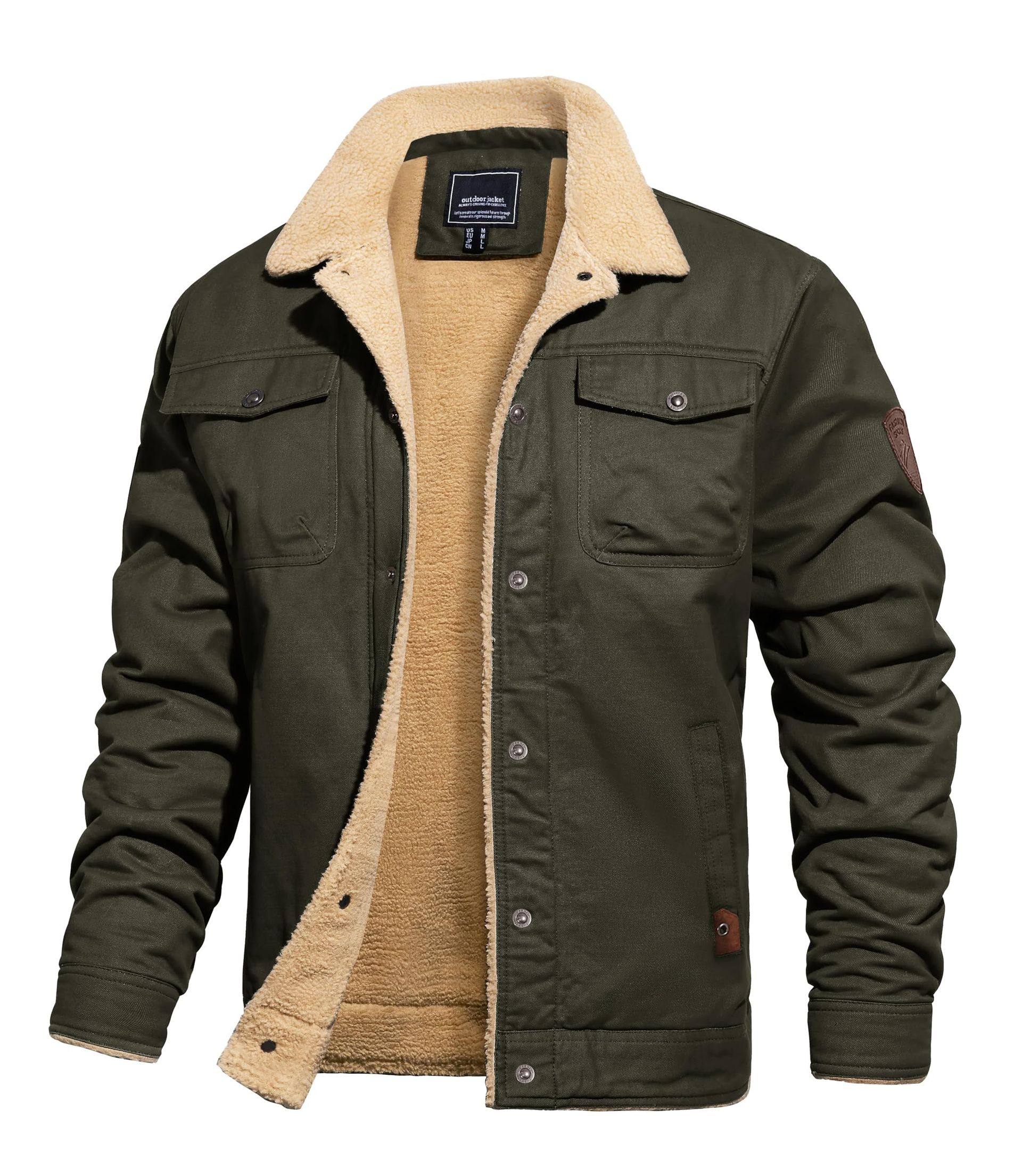 Men's Fleece Jacket Warm Sherpa Lined Military Cargo Trucker Coat Winter Tactical Style - Army Green XL