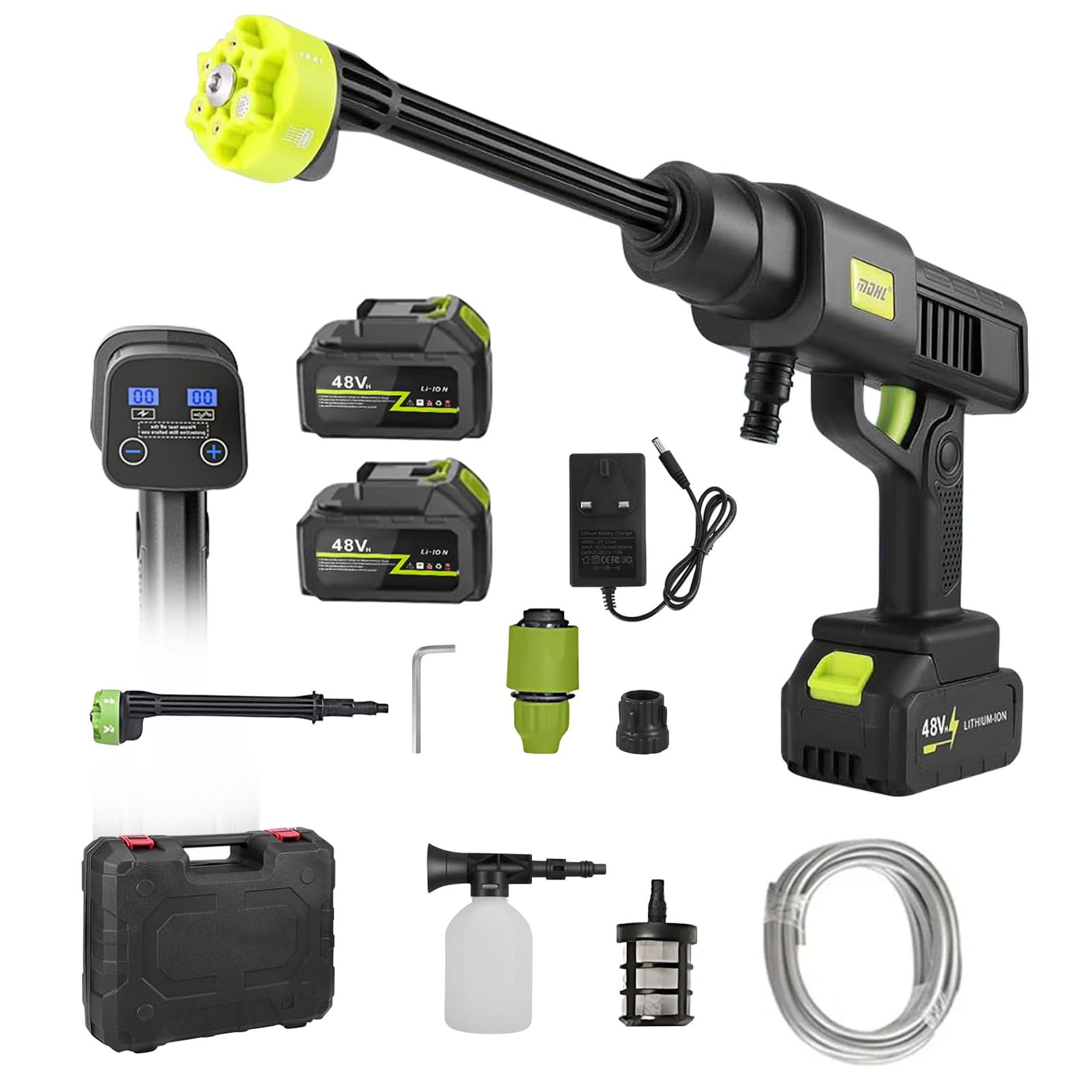 Cordless Pressure Washer 21V 300W 10-Stage Adjustable with Dual Batteries, 6-in-1 Nozzle & LCD Display for Car, Patio & Garden Cleaning - 2 Batteries Style