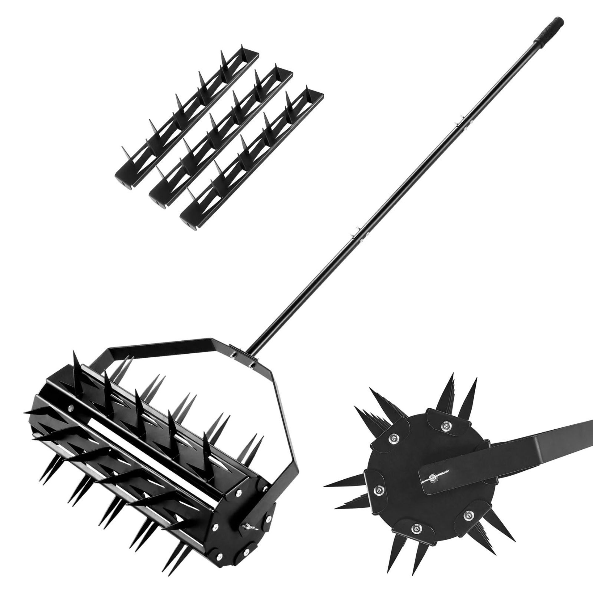 Rolling Lawn Aerator Manual Push Toothed Spike Tool for Soil Loosening and Aerating Lawns - Black