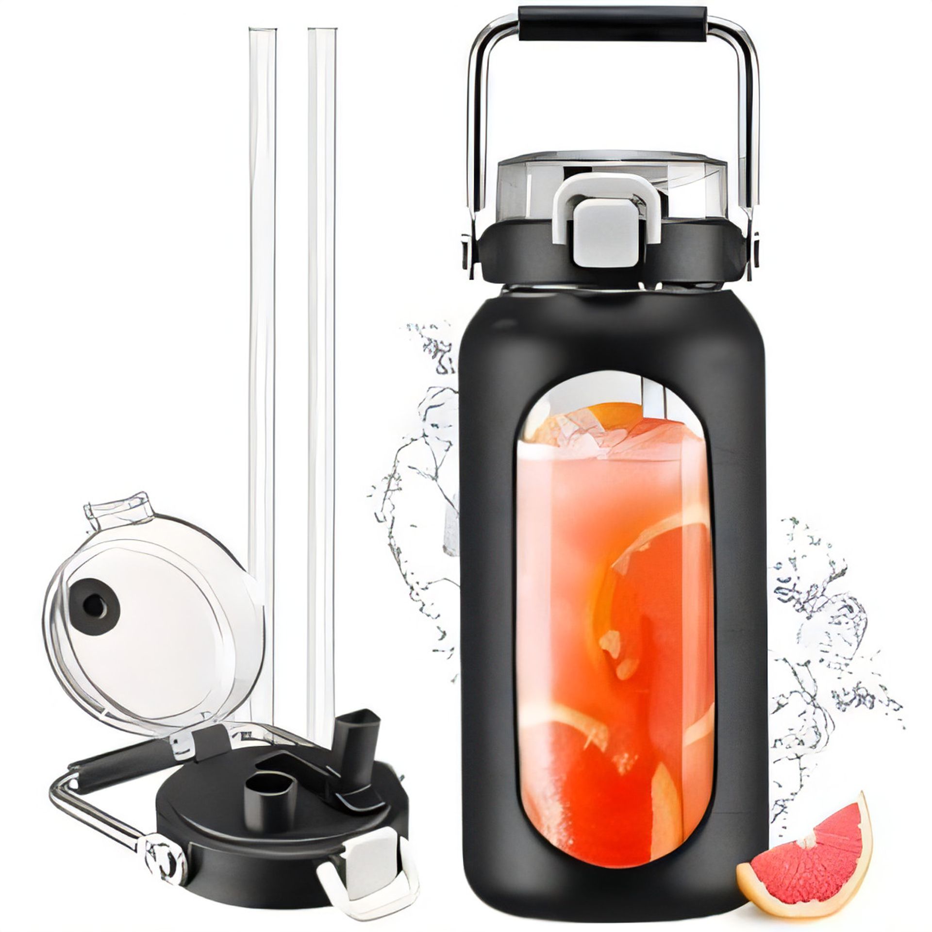 2L Glass Water Bottle with Straw Time Marker Sleeve Leak-Proof Jug - Black 2000ML