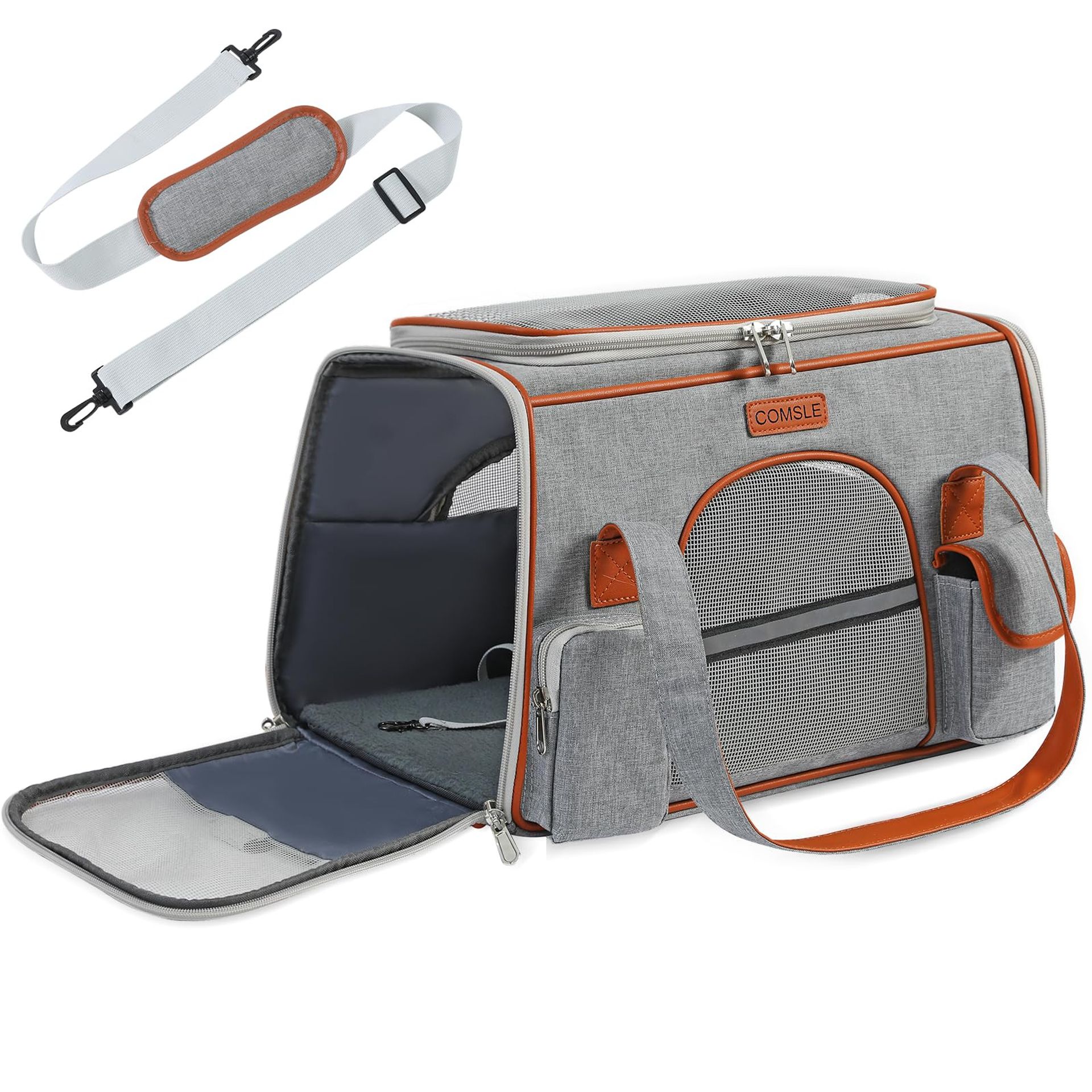 Pet Carrier Bag Airline Approved Travel Holdall with 5-Sided Mesh, Removable Mat and Shoulder Strap - Light Grey Large