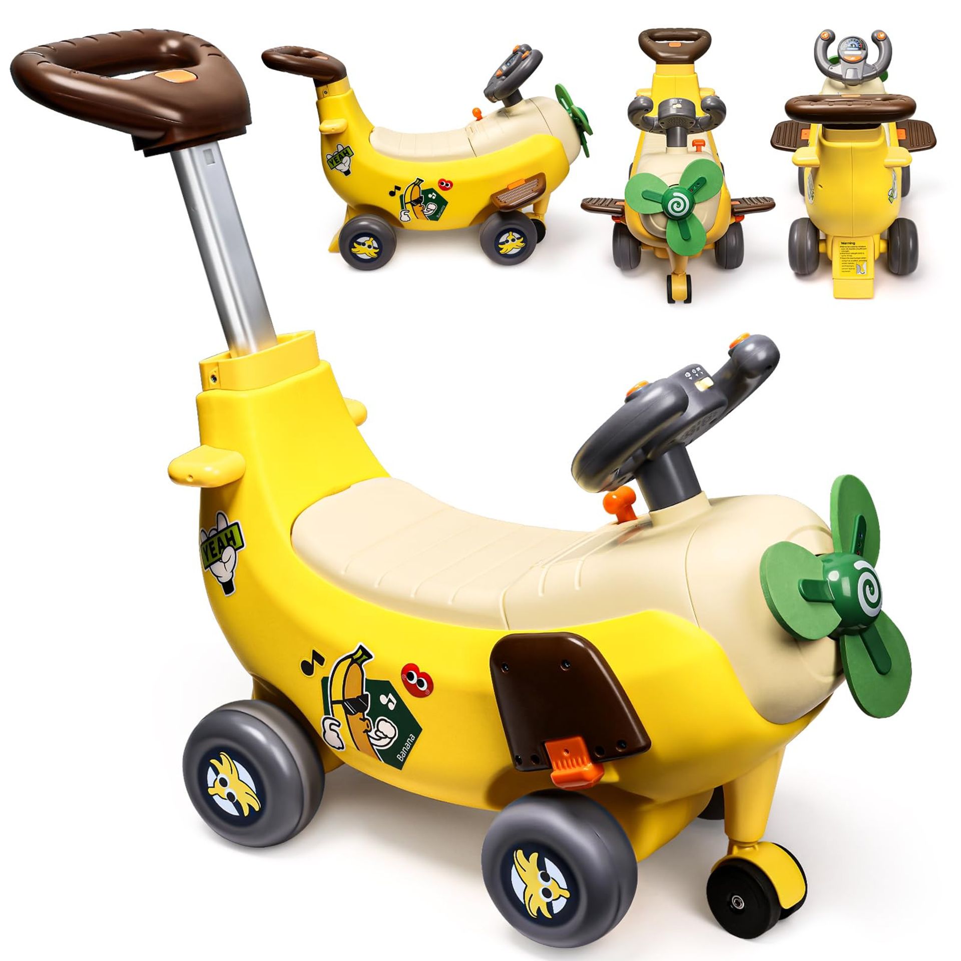 4-in-1 Ride On Toy Car for Toddlers with Lights, Music, and Push Handle - Yellow Small