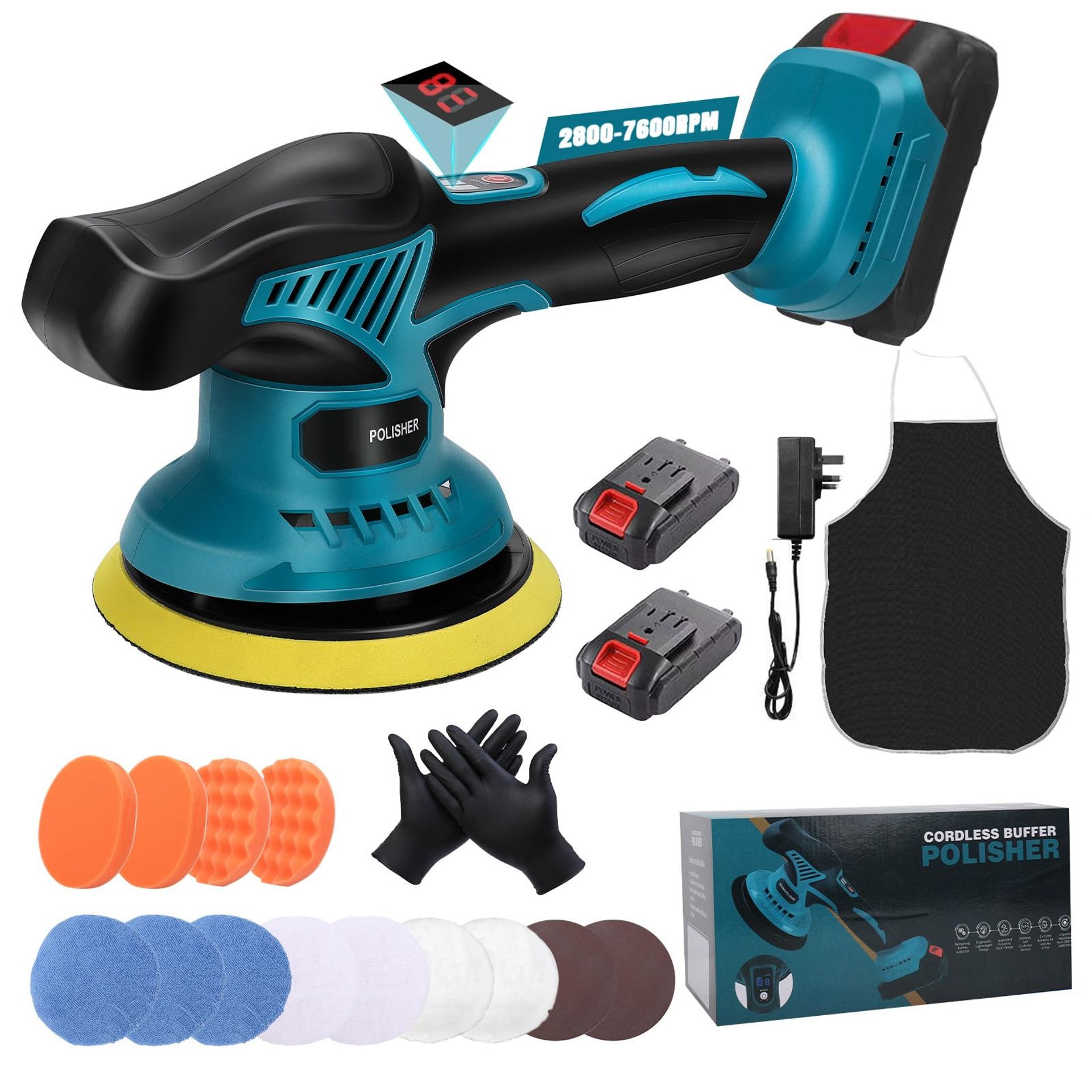 Cordless Car Buffer Polisher 6 Inch 8 Speed 6000RPM with 2 Batteries & 14 Attachments - Black