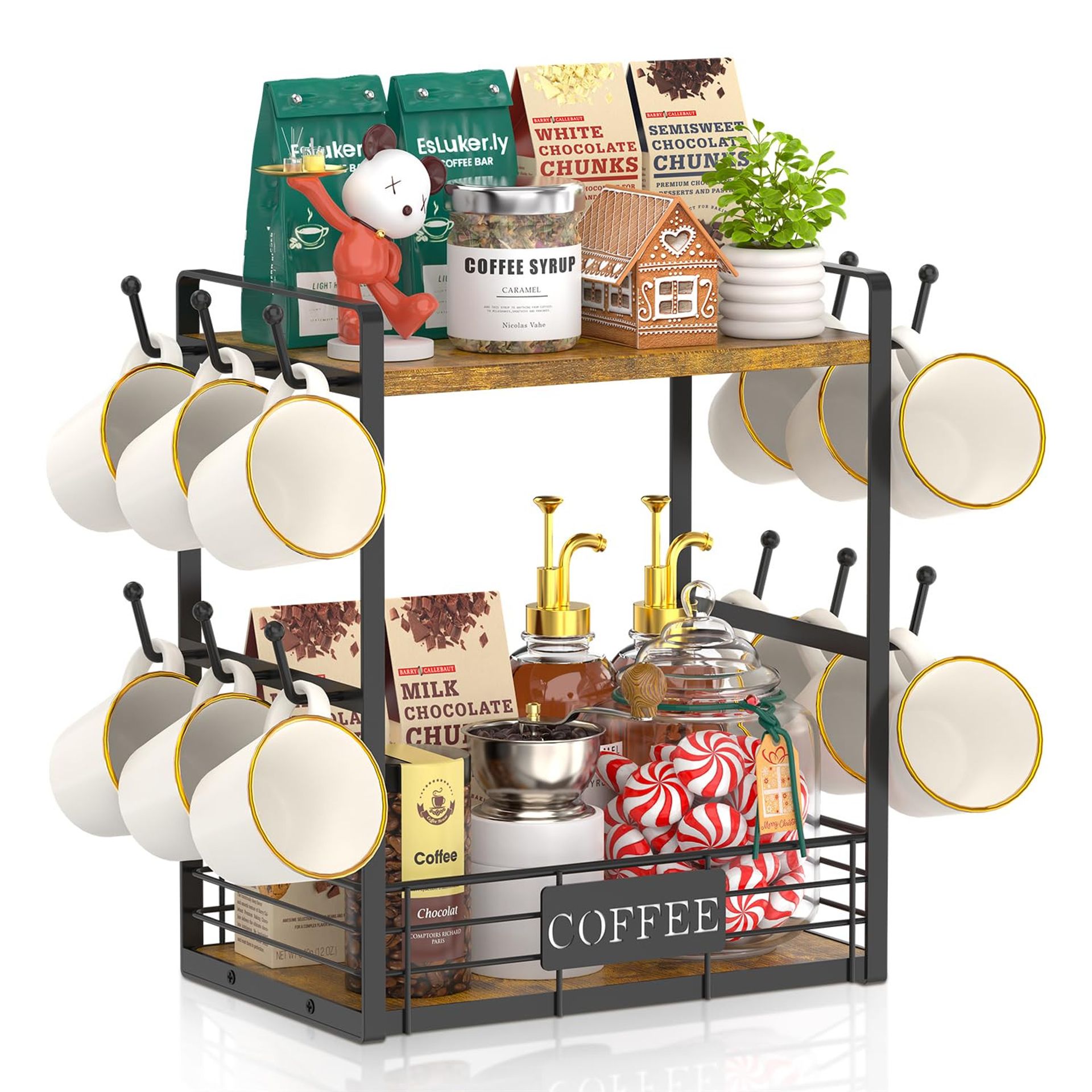 2 Tier Coffee Bar Organiser Countertop Station Rack with 12 Hooks & Shelves - Vintage Brown Black 14''H - Spring Refresh