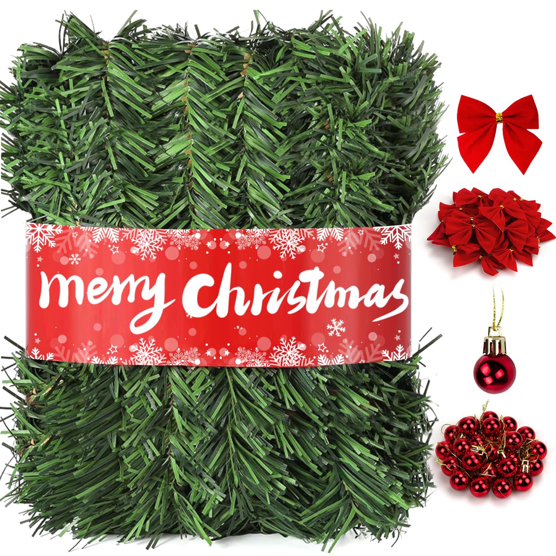 Christmas Garland 72ft Greenery with 36 Red Velvet Bows & 24 Decorative Balls for Indoor Outdoor Mantel Décor - Green 72 Feet