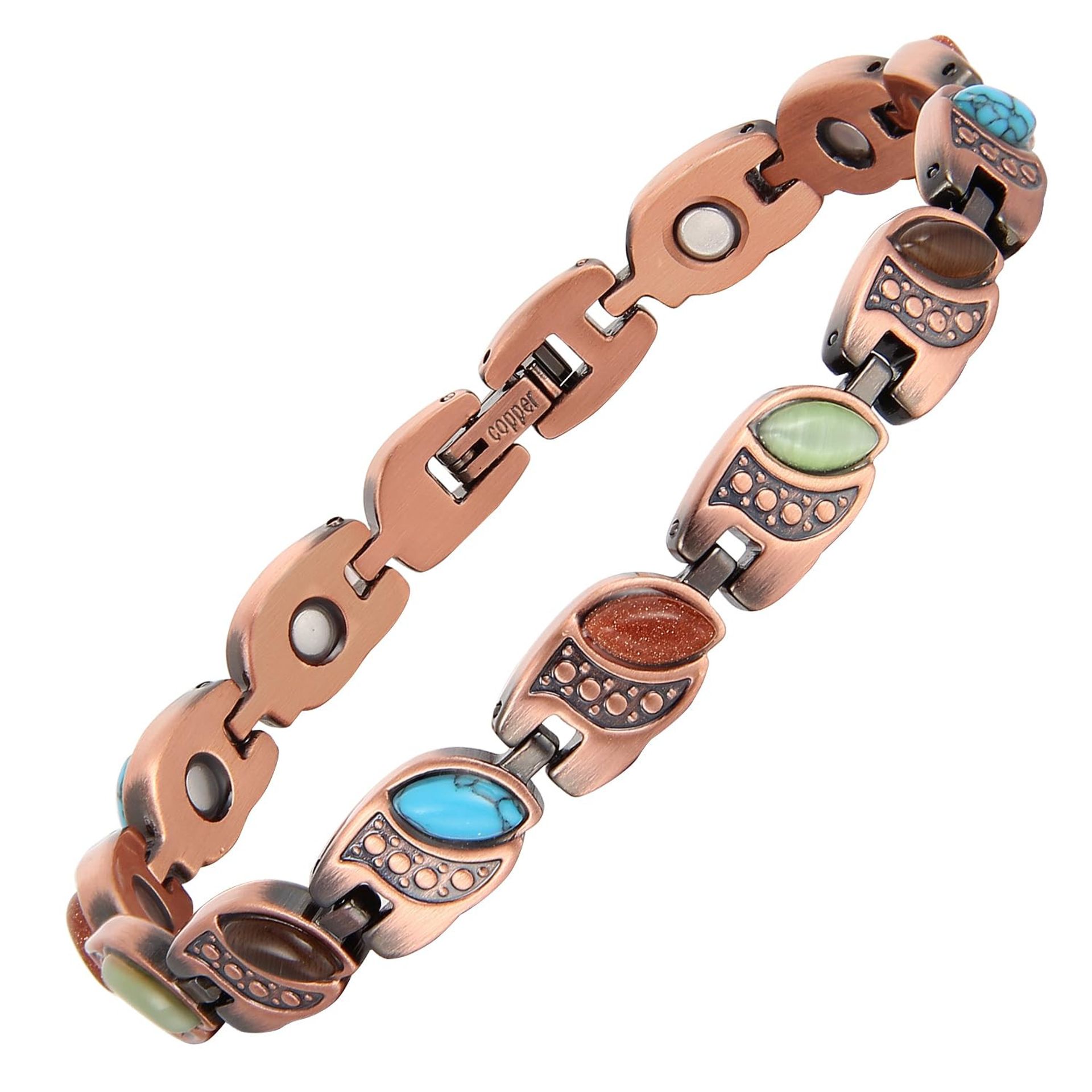 Women's Magnetic Copper Bracelet Cat's Eye & Turquoise Jewellery 3500 Gauss - Copper Eye Pattern 20.5cm