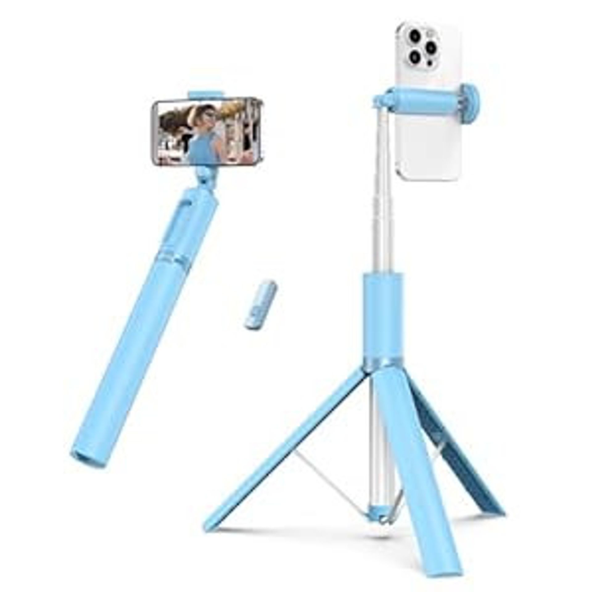 Selfie Stick Tripod 1.4m Extendable Aluminium All-in-One with Rechargeable Bluetooth Remote for Smartphones - Light Blue