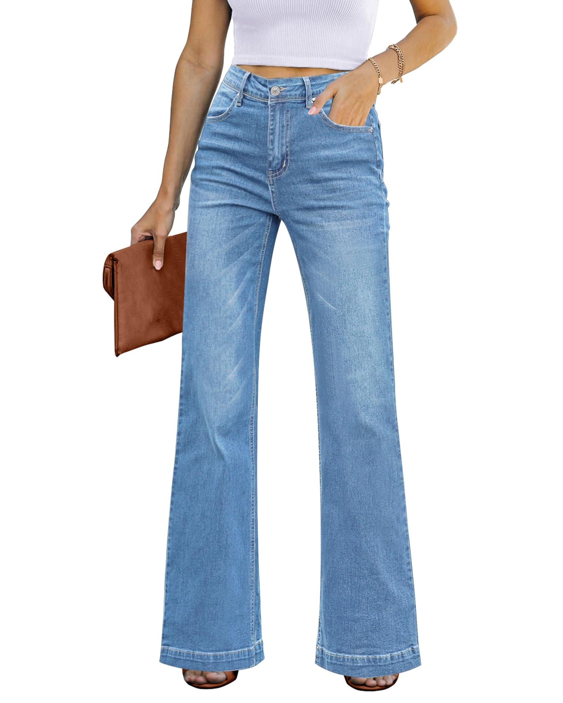 Women's High Waisted Wide Leg Stretch Jeans Comfortable Casual Denim - Indigo Medium Blue Large