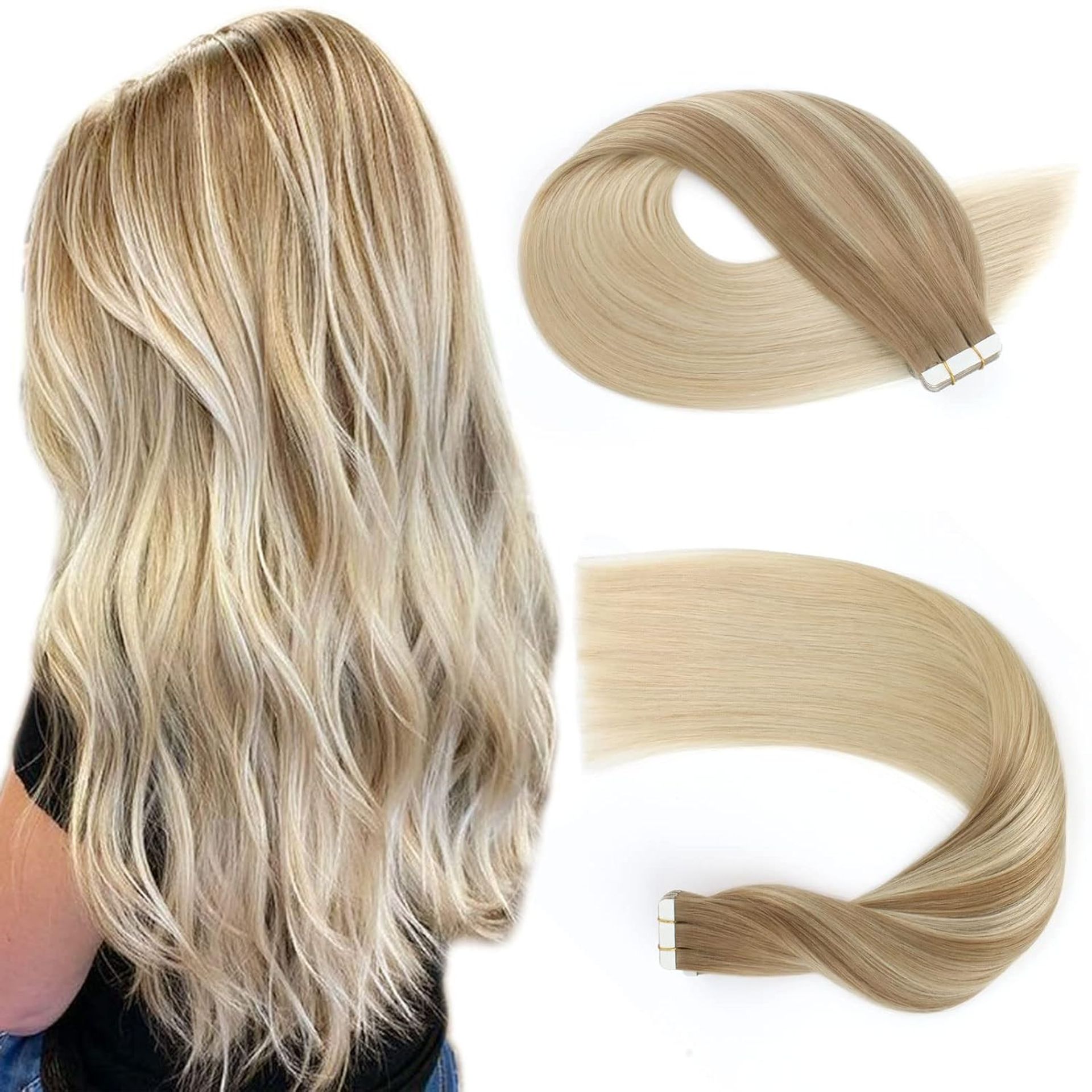 Tape In Real Human Hair Extensions Soft Natural Balayage Chestnut Brown to Platinum Blonde 20 Pcs Set - #B8/60 20 Inch
