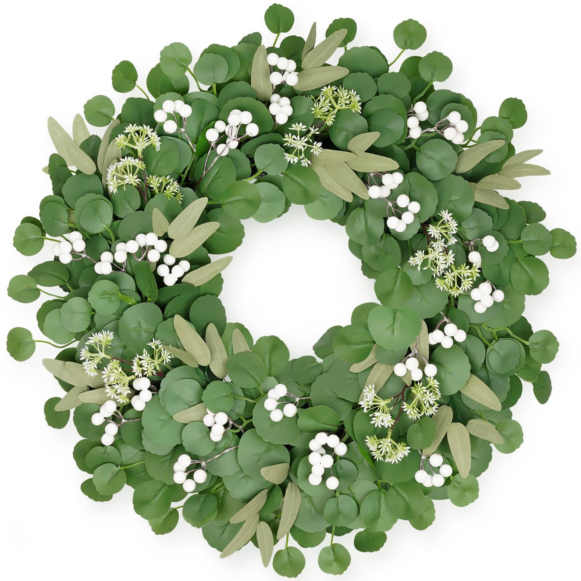 Artificial Eucalyptus Wreath with Olives and Berries for Front Door, Farmhouse Wall or Fireplace Décor - Blue-Green 18in - Spring Refresh
