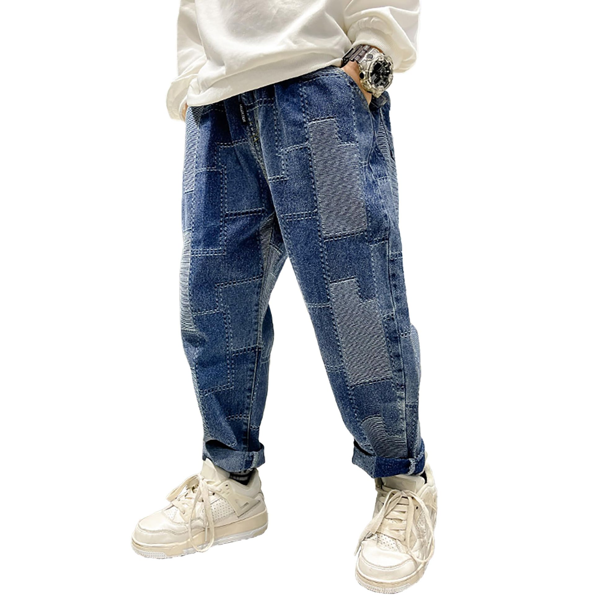 Boys Ripped Denim Jeans Elasticated Waist Retro Tapered Fit with Pockets - Blue-splice 6-7 Years