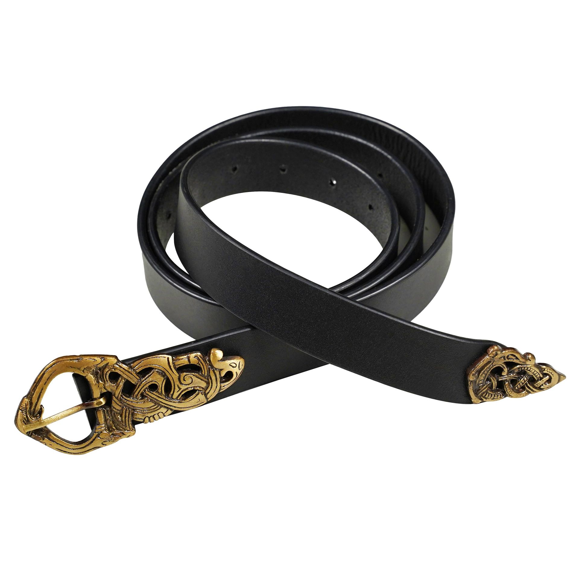Medieval Leather Belt with Brass Buckle & End Chape for LARP and Costume - Black 70 Inch