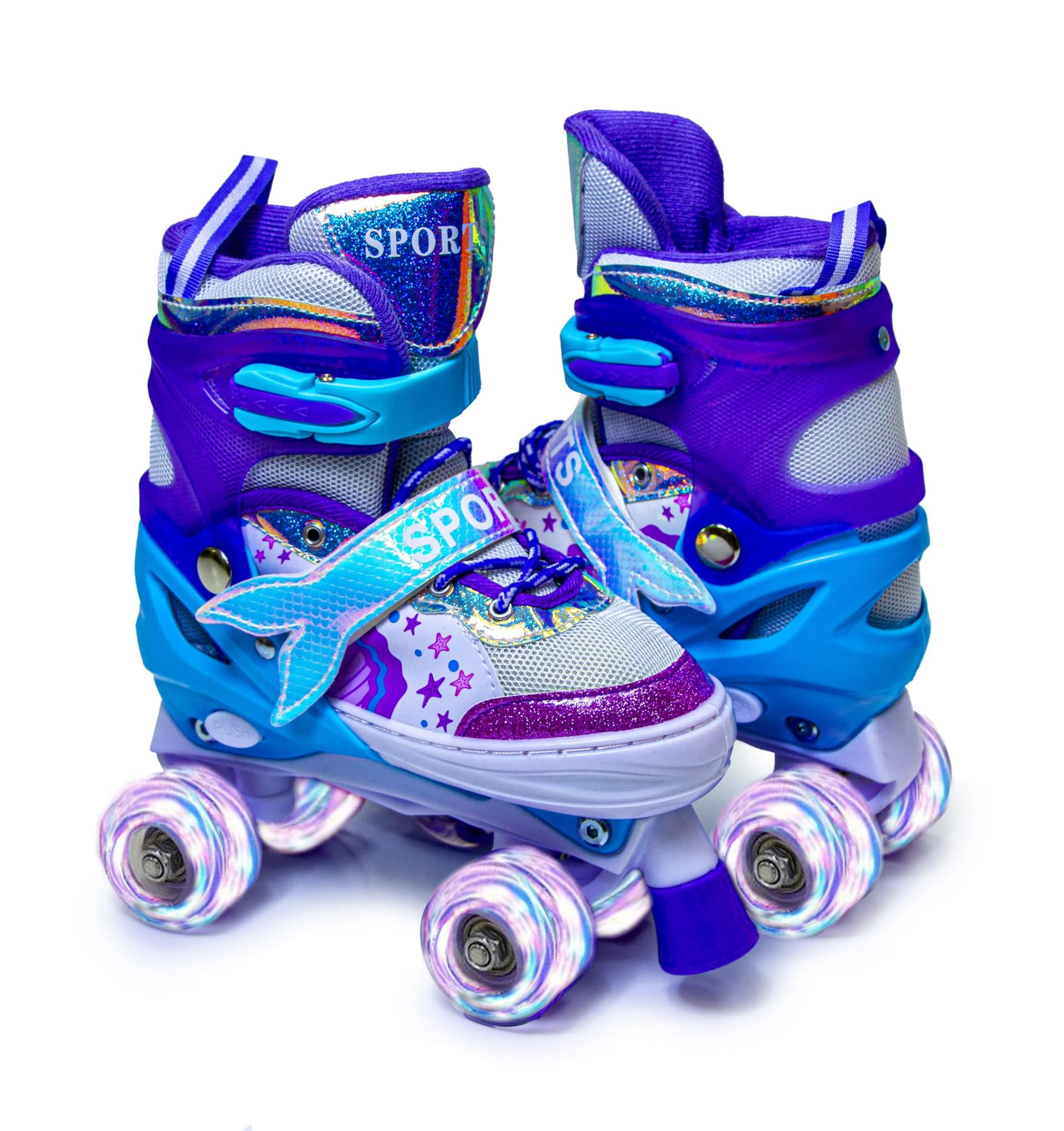 Children's Adjustable Roller Skates LED Light-Up Wheels Beginner Skates Mermaid Design - Purple L (UK 2.5-5)