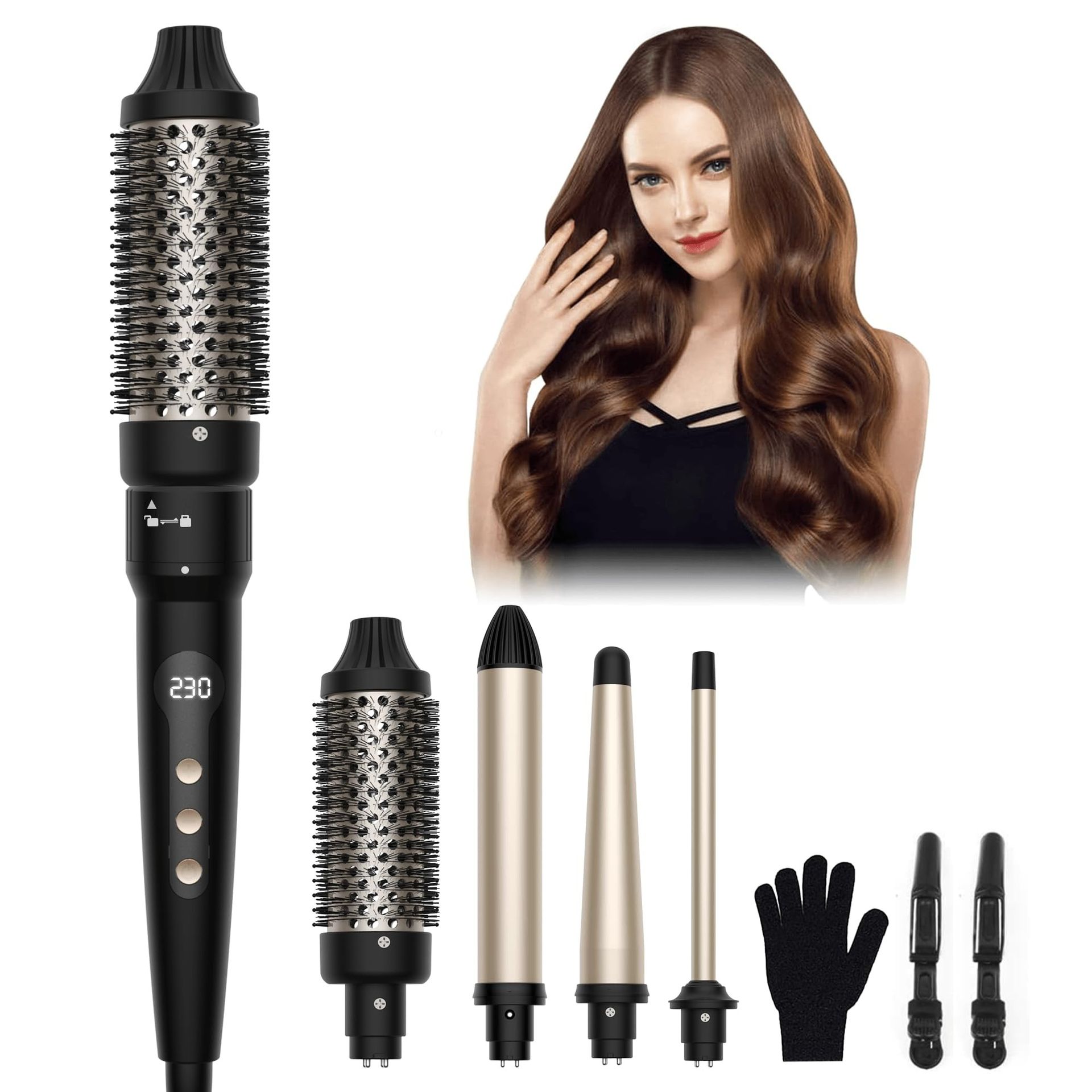 4 in 1 Thermal Brush & Curling Wand Styling Set Adjustable 100-230°C with 4 Attachments - Black Gold 0.35/0.5-1/1.25'' & 1.5'' Hot Brush