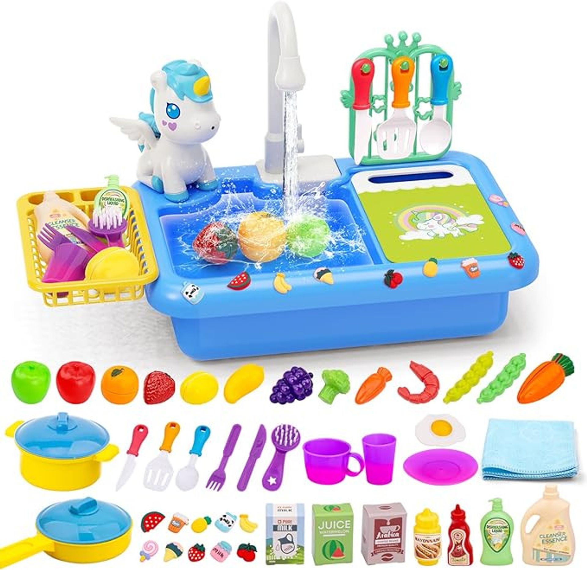 Play Kitchen Sink Toy Set with Real Water Faucet, Stove, Cookware and Colour Changing Accessories - Blue Standard