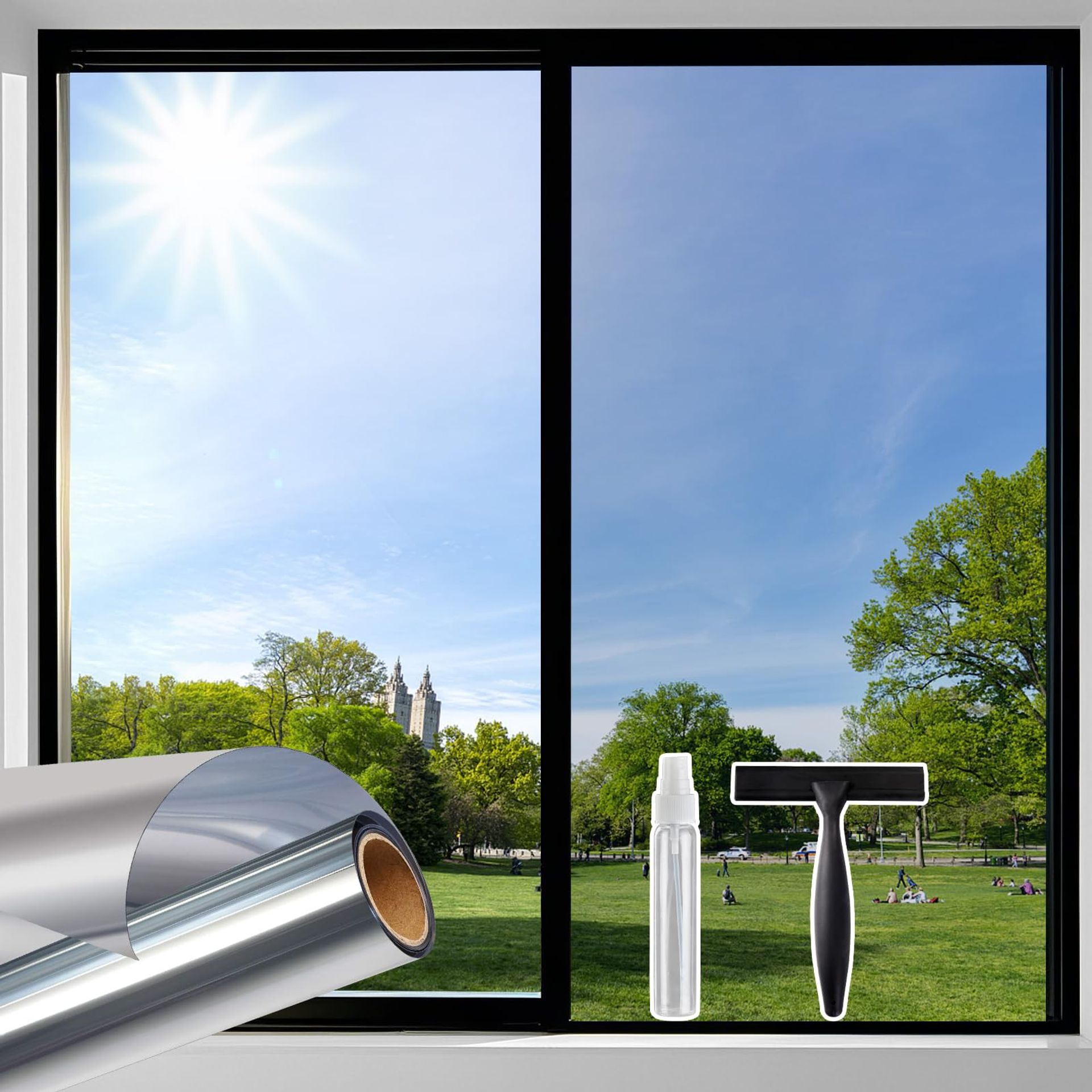 One Way Mirror Window Film Privacy Glass Tint Anti-Glare UV Sun Block Static Cling - Silver 105x300cm