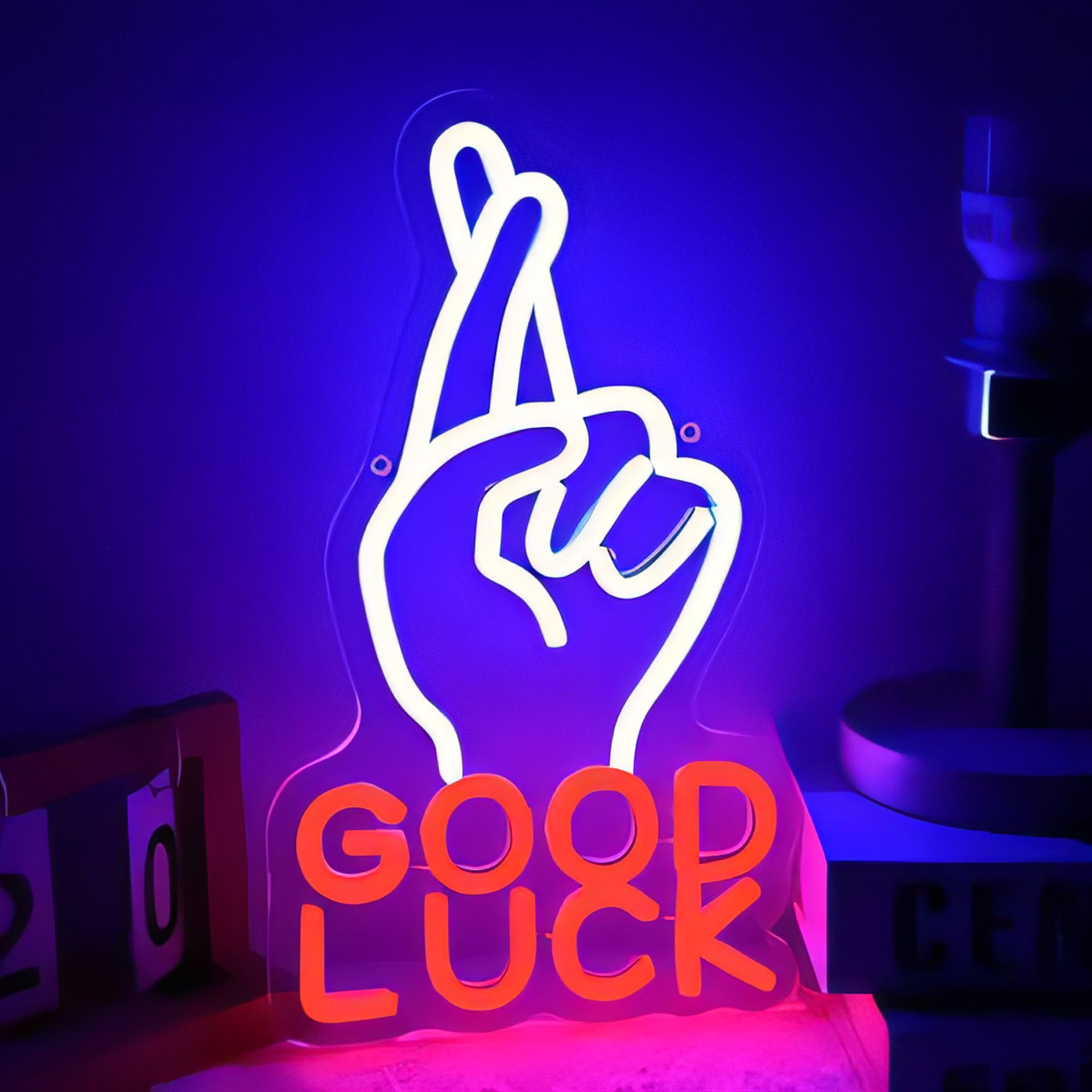 LED Neon Wall Sign 'Good Luck' Decorative Light for Bedroom, Bar, Party or Gaming Room - Blue 7.6x13.3 IN