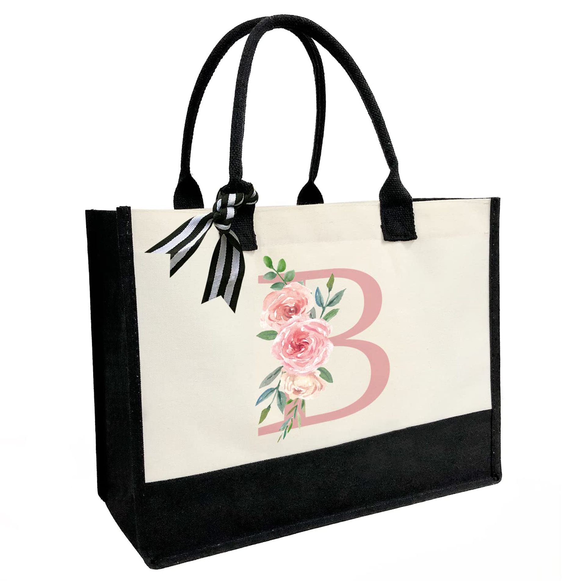 Personalised Initial Canvas Beach Tote Bag with Zipped Pocket and Double Shoulder Straps - Pink Letter B One Size