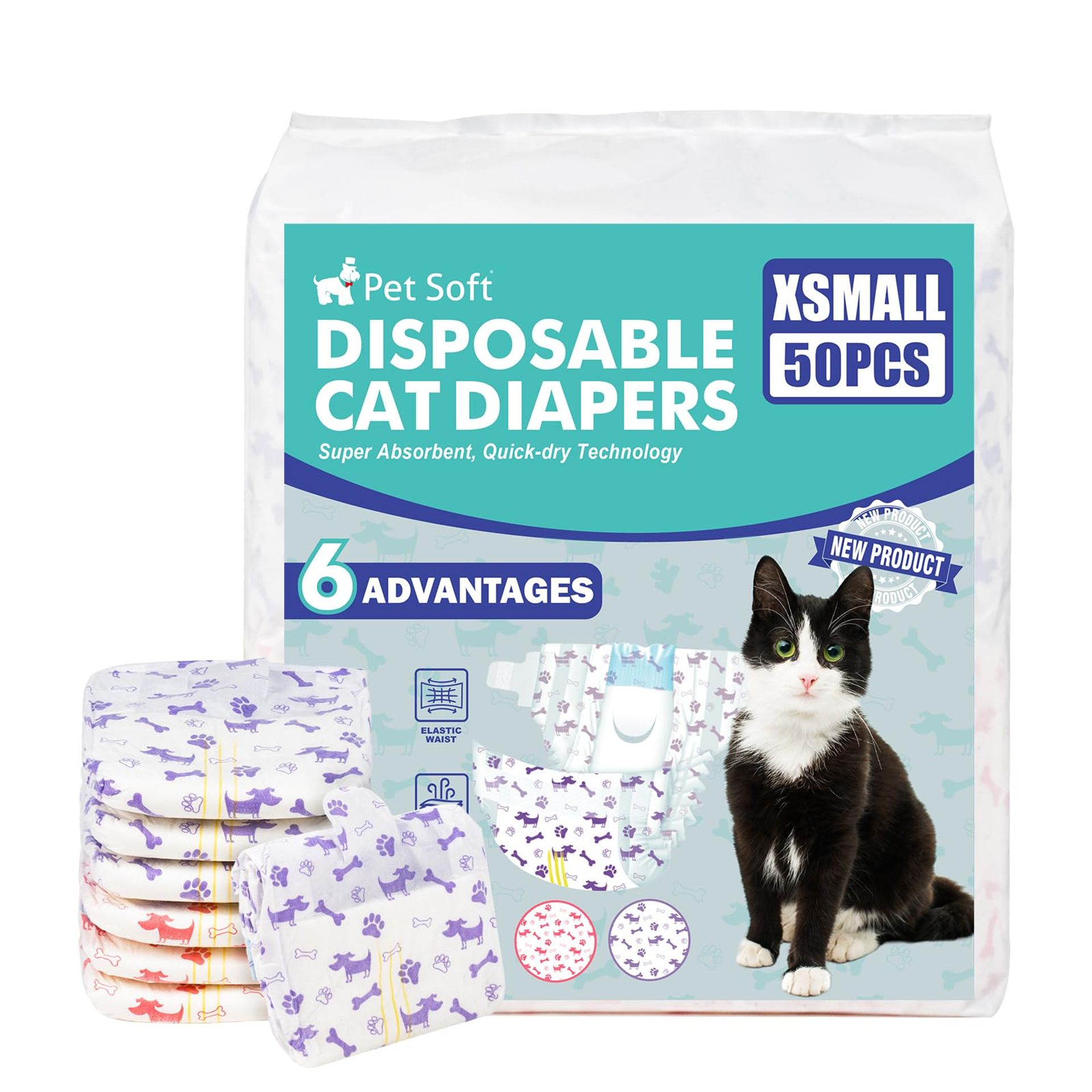 Disposable Pet Nappies Super Absorbent Leak-Proof Female Diapers for Cats & Puppies - Multi-pattern XS-50 Count