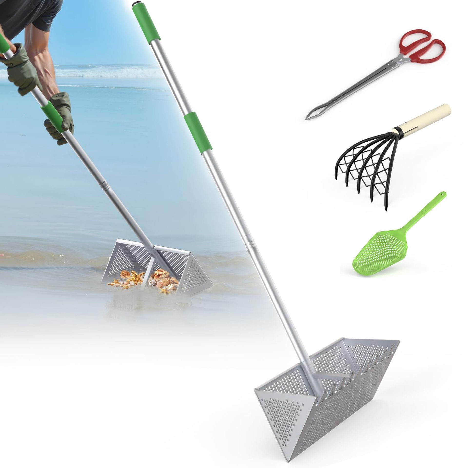 Aluminium Sand Fleas Rake with 40cm Basket & Sand Sifter Set for Beach, Includes Scoop, Crab & Clam Tools - Silvery 134cm