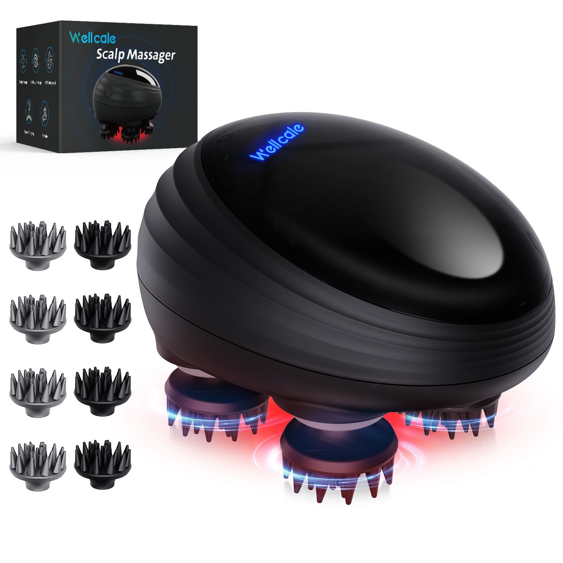 Portable Electric Scalp Massager Rechargeable IPX7 Waterproof with 8 Detachable Silicone Heads & 3D Kneading Modes for Relaxation - Black