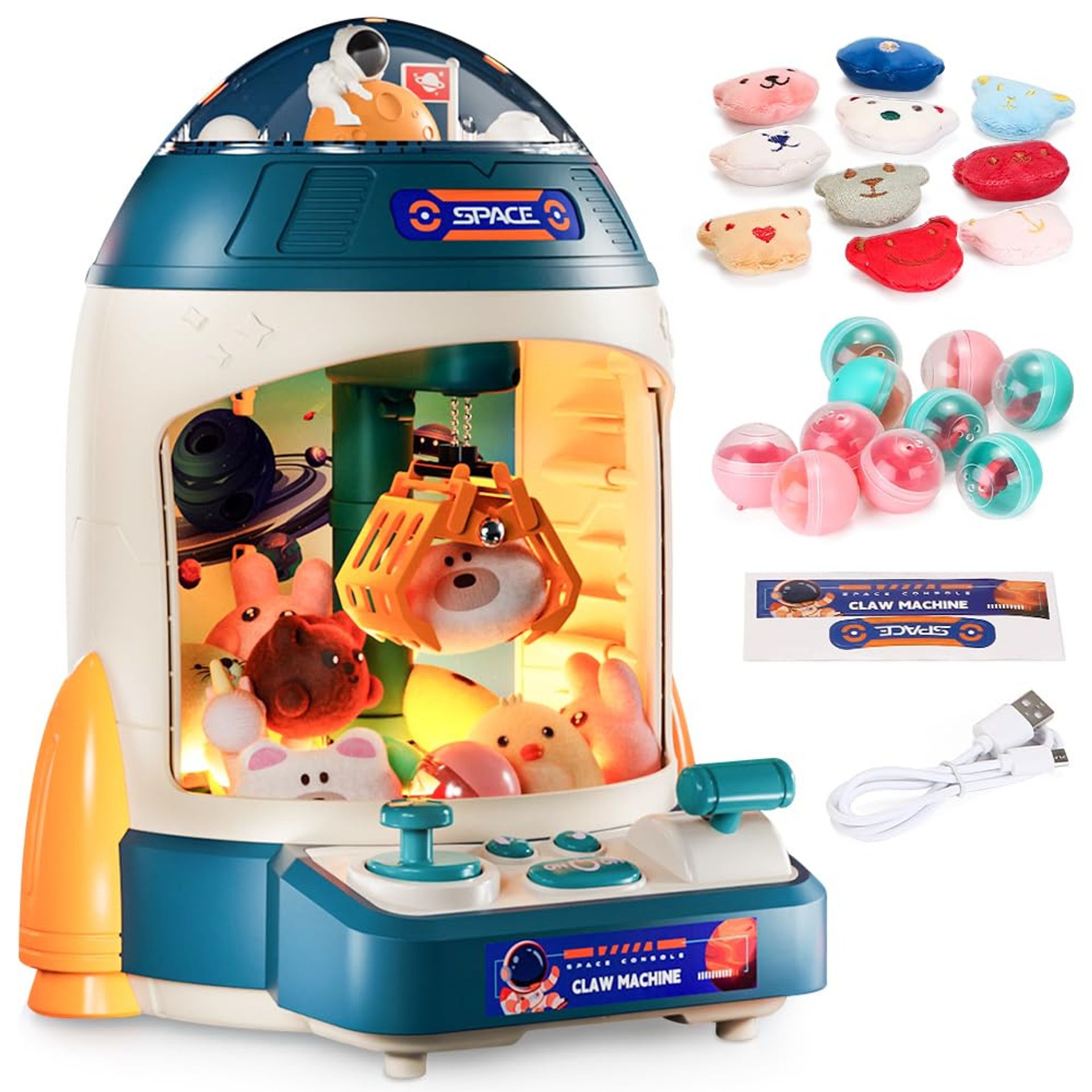 Kids Rocket Claw Machine Arcade Game with Lights and Plush Toys - Multicoloured Compact
