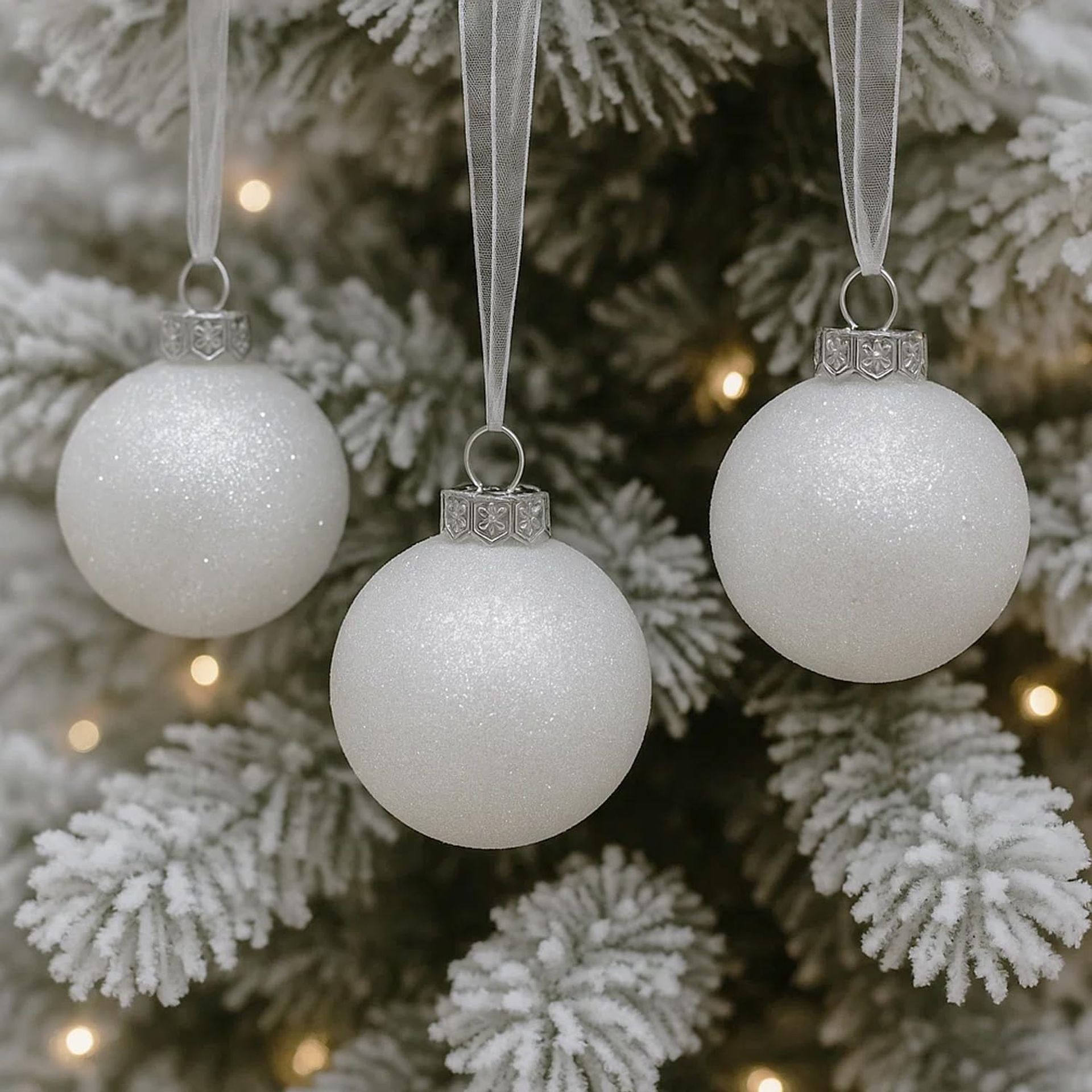 Christmas Tree Baubles Set Shatterproof Farmhouse Style Snowflake Ornaments - White 60mm