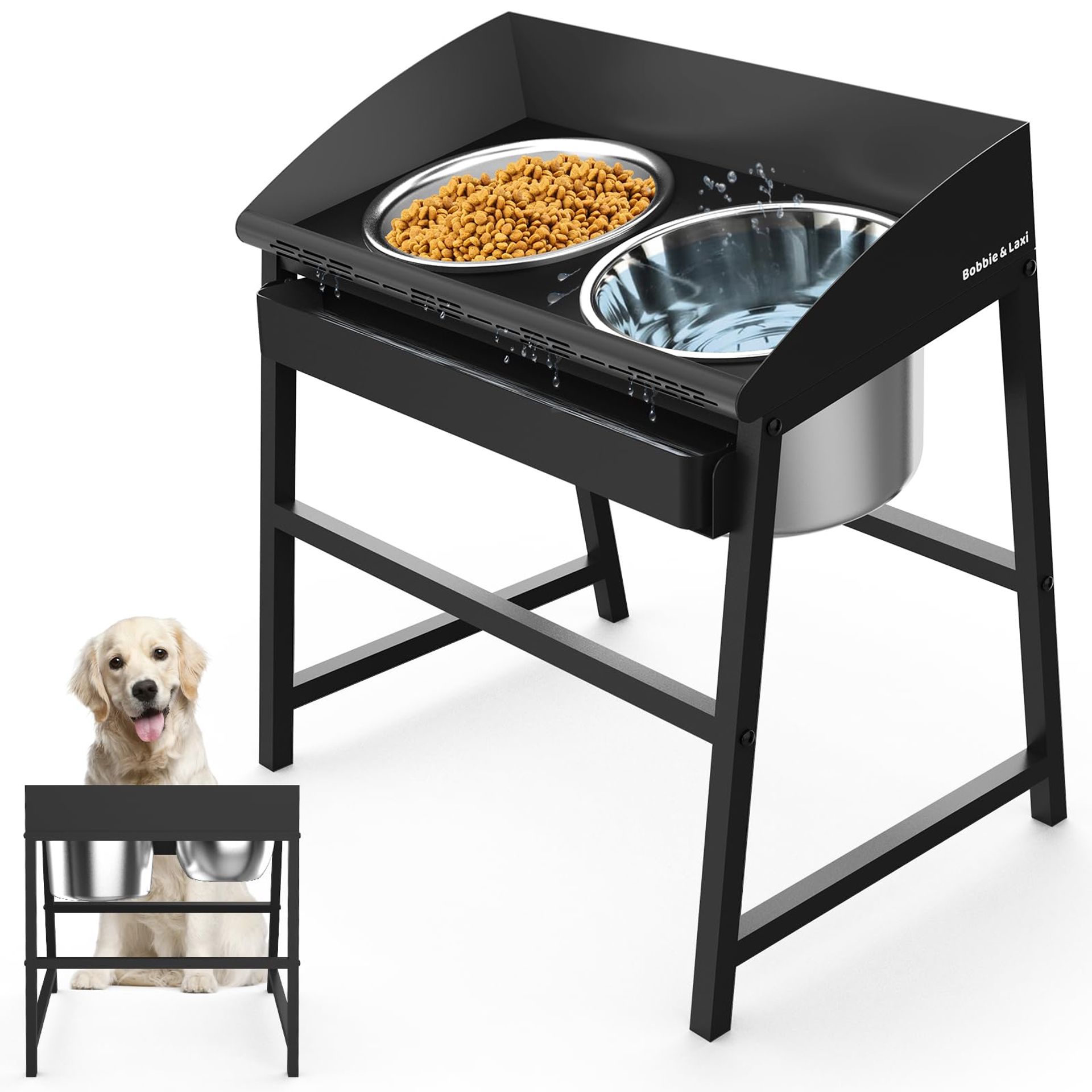 Elevated Dog Bowls for Large Dogs 15-inch Tall Raised Food & Water Feeder Stand Spill-Proof Full Metal Design with Stainless Bowls - Black BL-DB