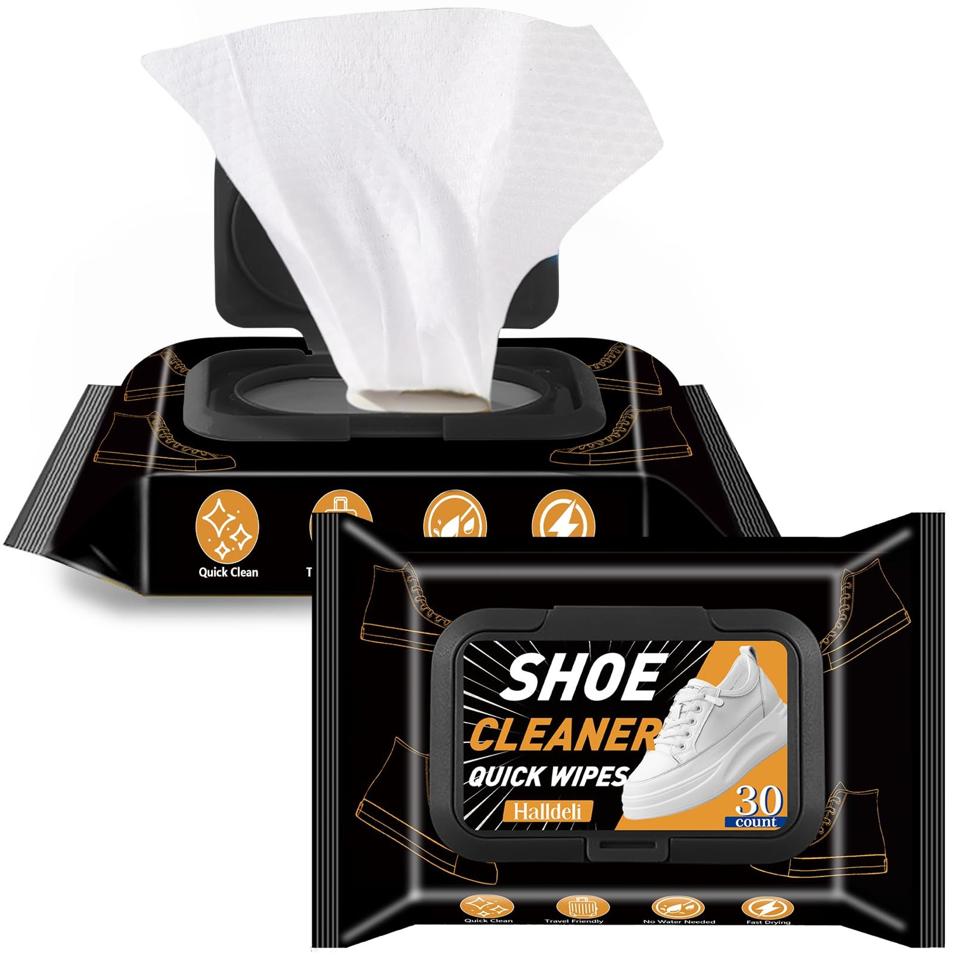 Shoe Cleaning Wipes for Trainers, Leather, Canvas & White Shoes Removes Dirt & Stains Portable Travel Pack - White 30 Count (Pack of 2)