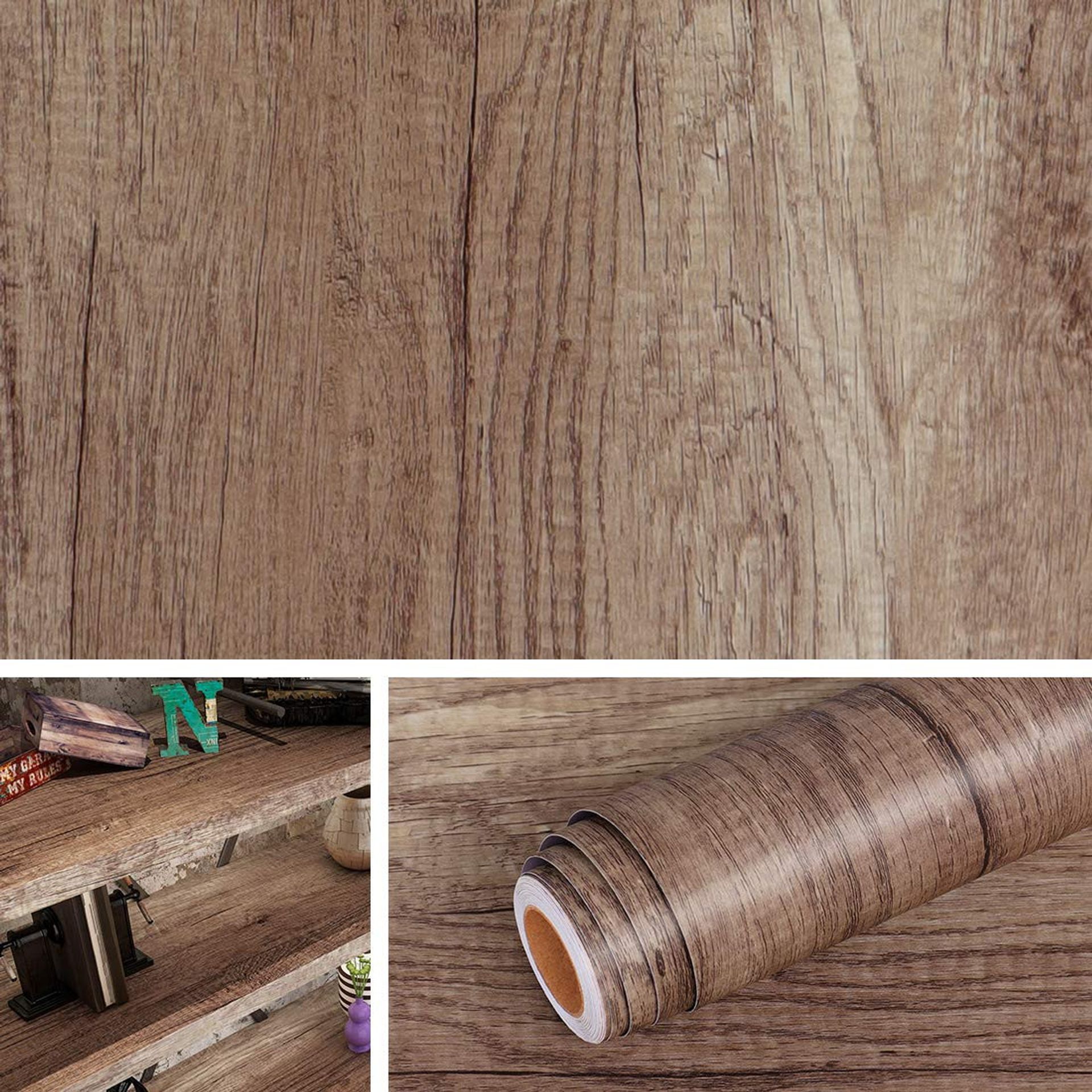 Wood Effect Self Adhesive Vinyl Wrap for Kitchen Furniture Surfaces - Rustic Wood 60x500cm