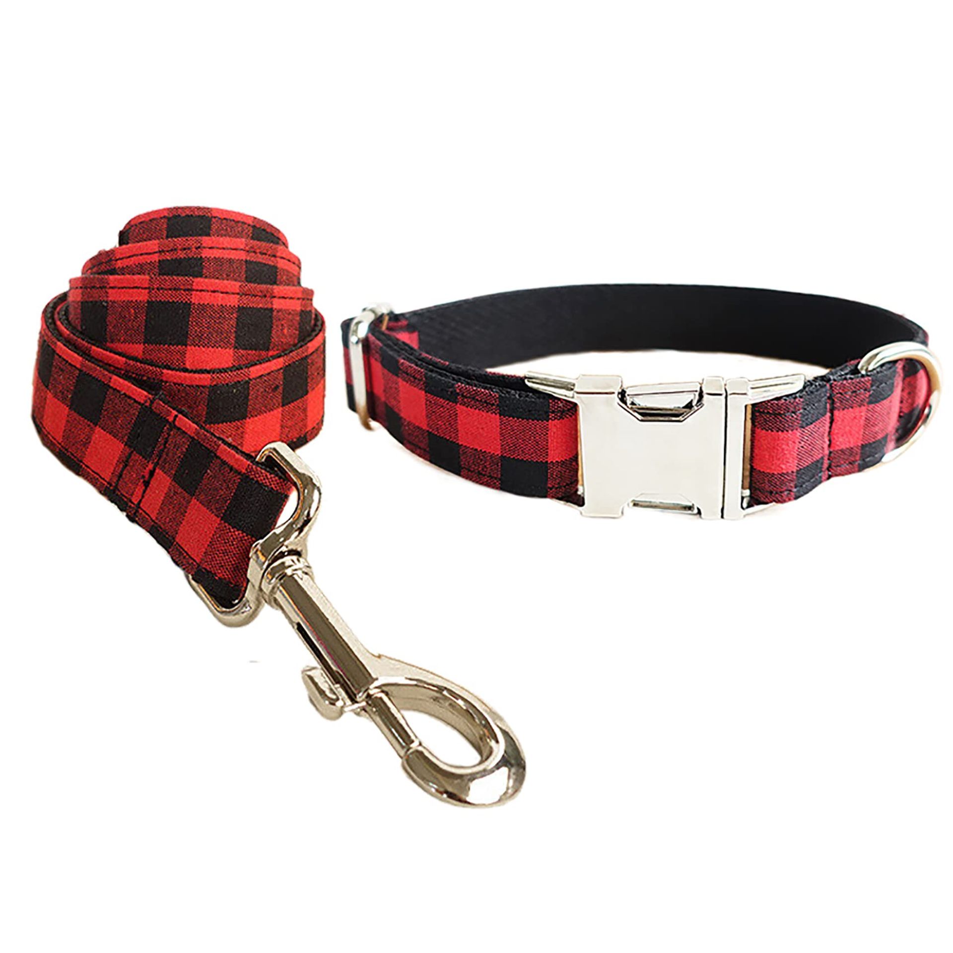 Adjustable Dog Collar and Lead Set Durable Nylon Plaid Pattern Zinc Alloy Buckle for Small to Large Dogs - Red Plaid Collar L + Lead 120cm