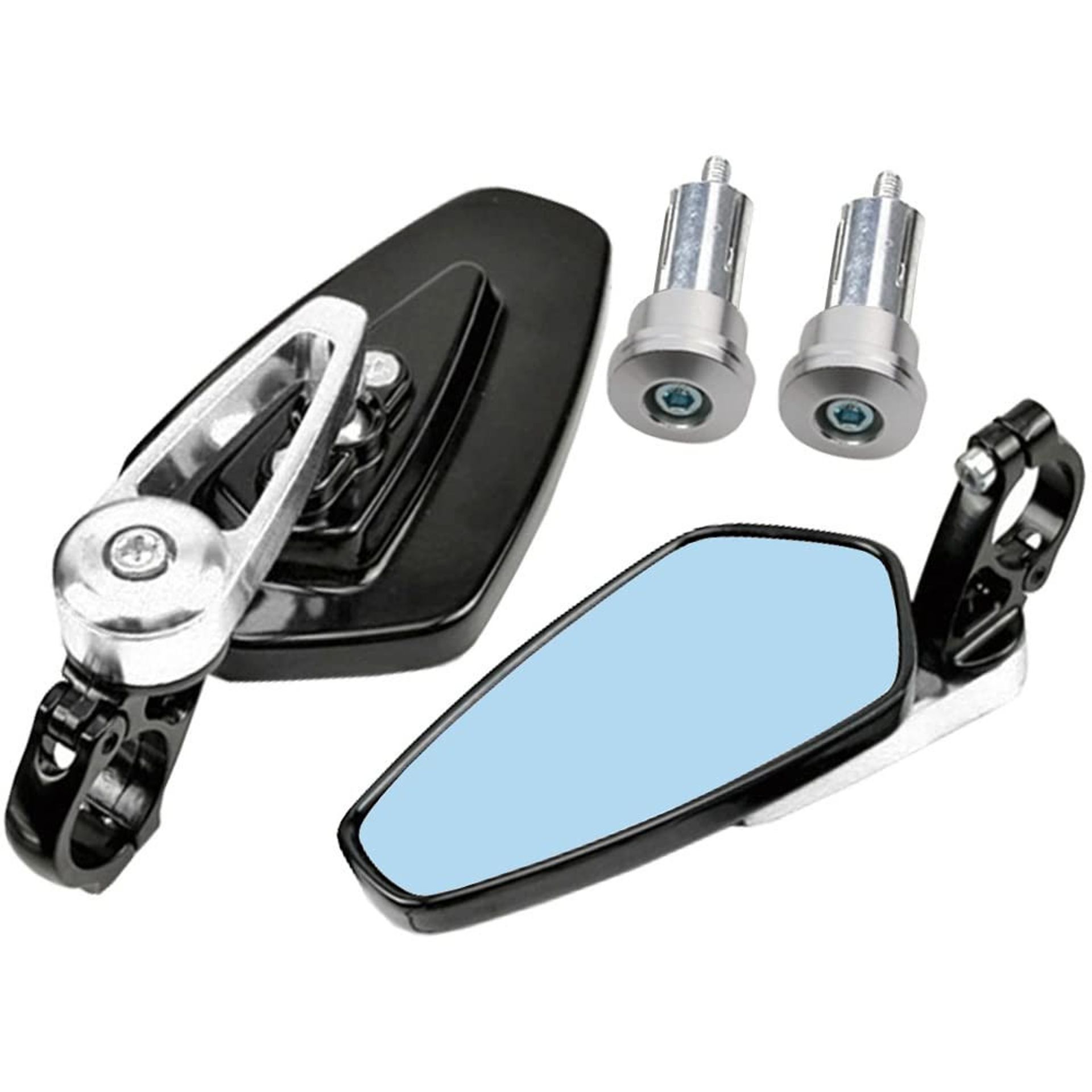Motorcycle Bar End Rear View Mirrors 22mm 7/8" Anti-Glare Blue Tint Aluminium Construction - Silver Pair
