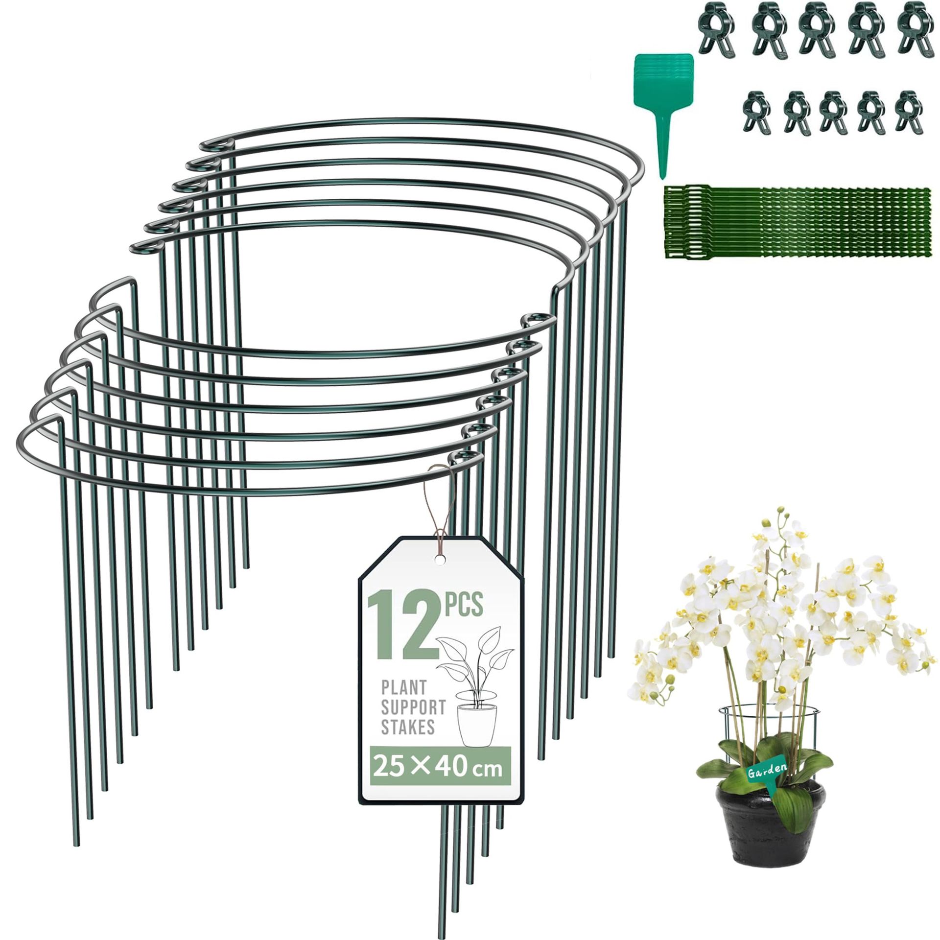 12PCS Garden Plant Support Stakes Half Round Metal Flower & Tomato Stem Support Rings for Garden Stability - Green 12PCS Set