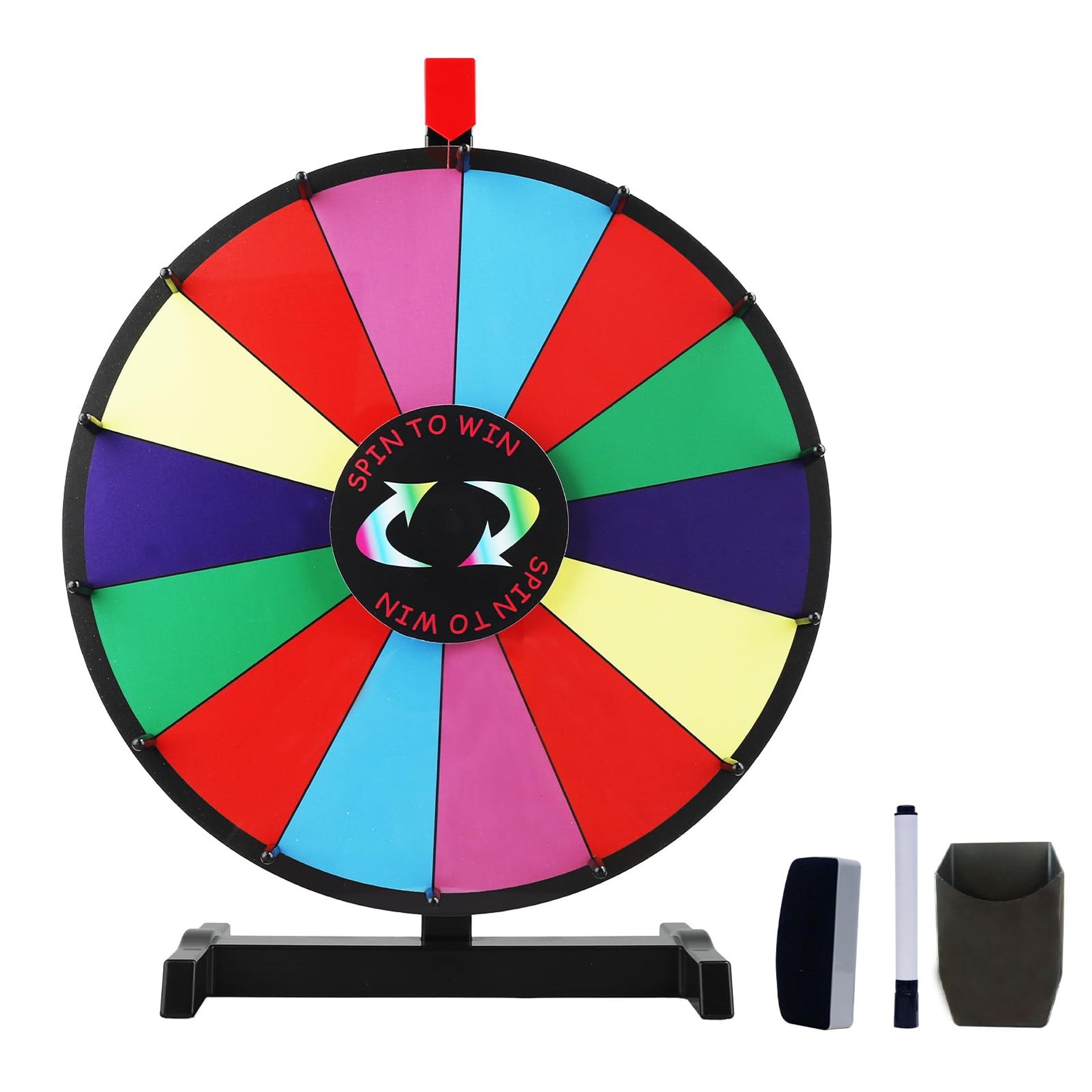 Tabletop Spinning Prize Wheel 14 Slots with Dry Erase Markers & Sturdy Base for Games, School Events & Trade Shows - Red 24 Inch