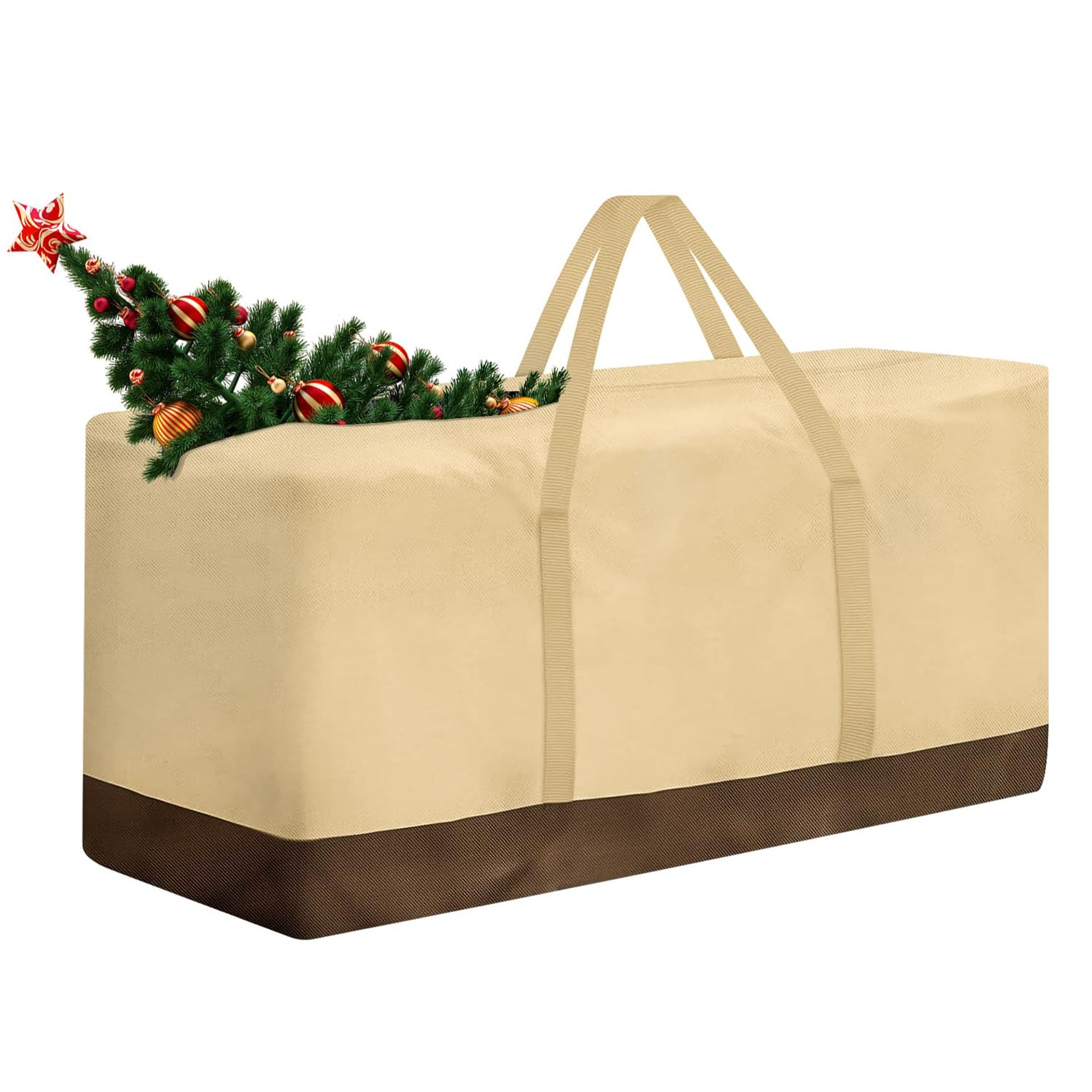 Christmas Tree & Outdoor Cushion Storage Bag Heavy-Duty Waterproof Oxford Fabric with Dual Zips & Reinforced Handles - Beige & Brown 60" x 28" x 28"