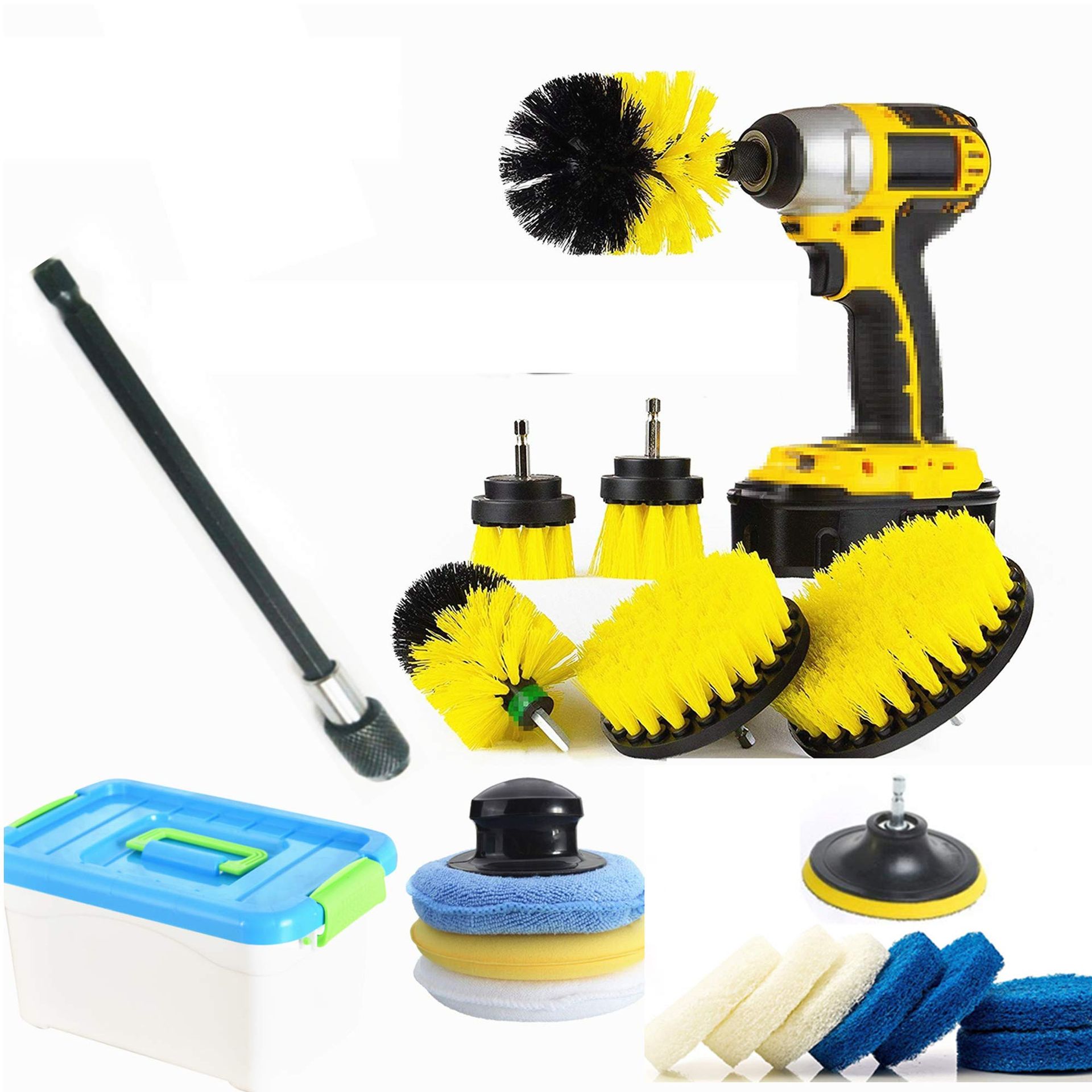 Drill Brush Cleaning Kit 11-Piece Set with Scrub Pads for Bathroom, Tile, Sink & Car - Yellow M