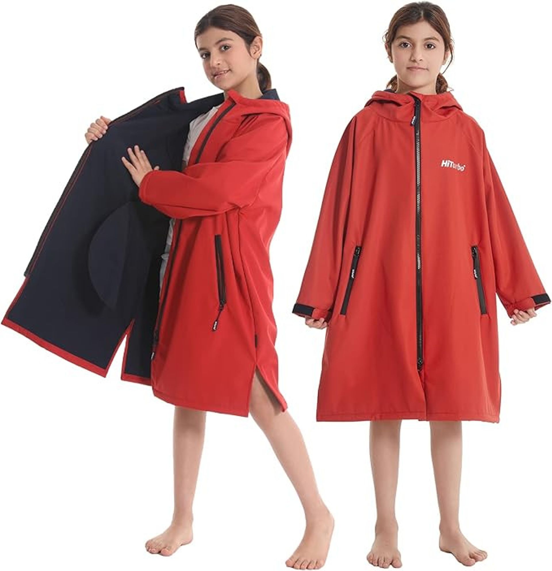Kids Waterproof Changing Robe Windproof Fleece Lined Surf Poncho - Red 9-14 Years