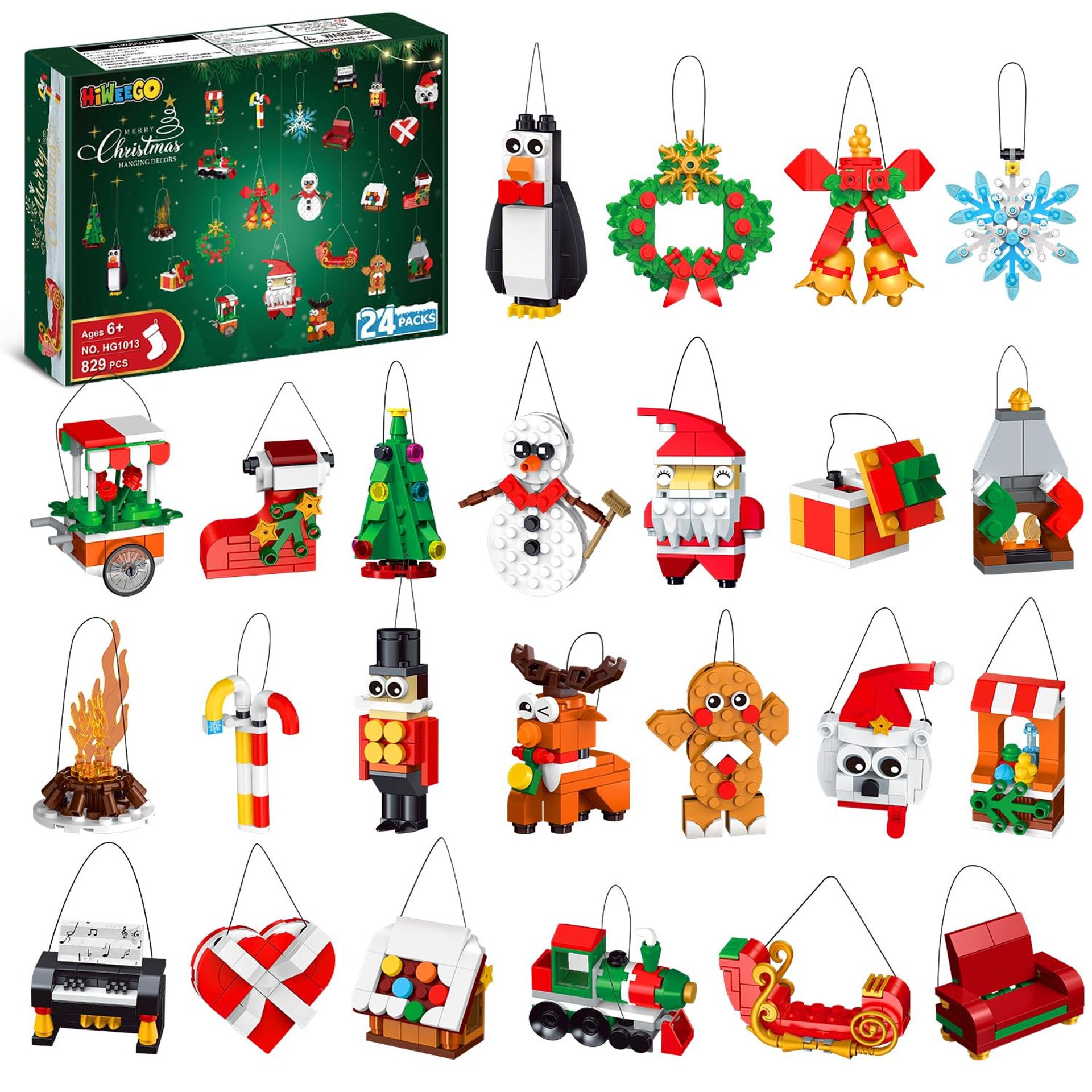Christmas Ornaments Building Set 24 Pack with Tree, Santa, Snowman, Reindeer & More - Green Small
