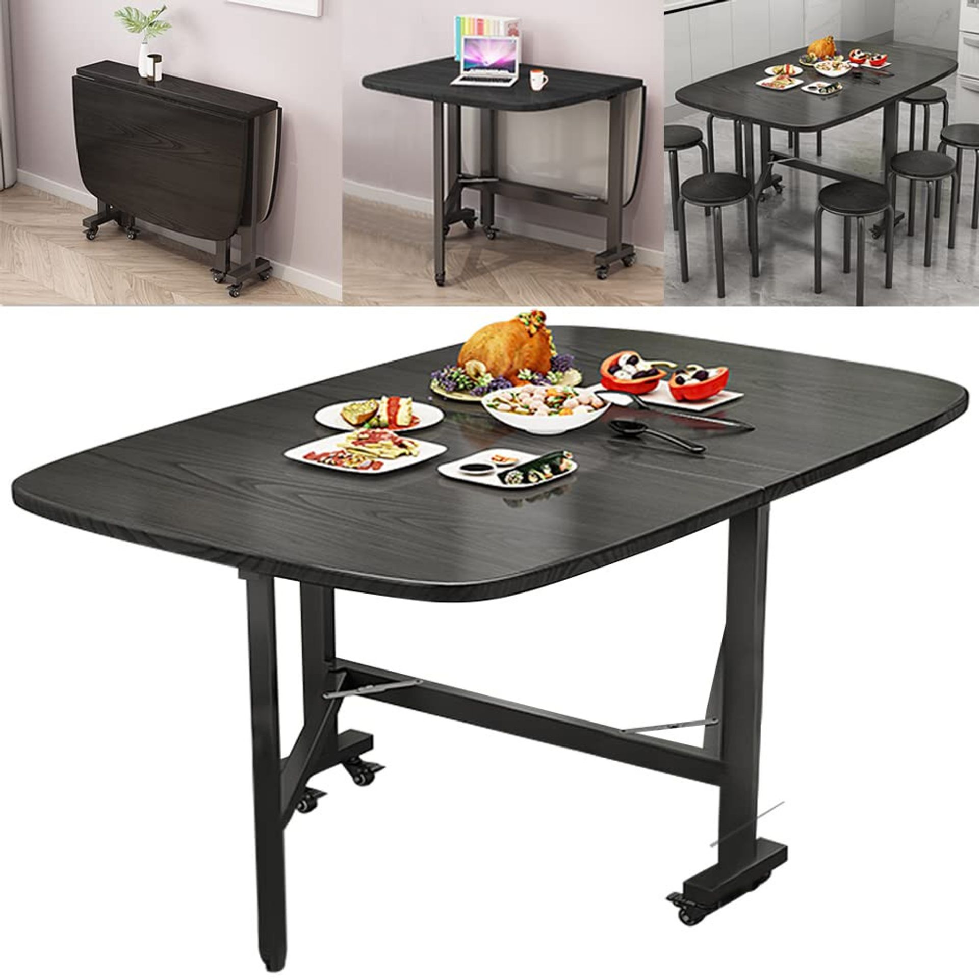 Multifunction Drop Leaf Dining Table 120cm Solid Wood Foldable Kitchen Table with 6 Wheels - Natural One Size