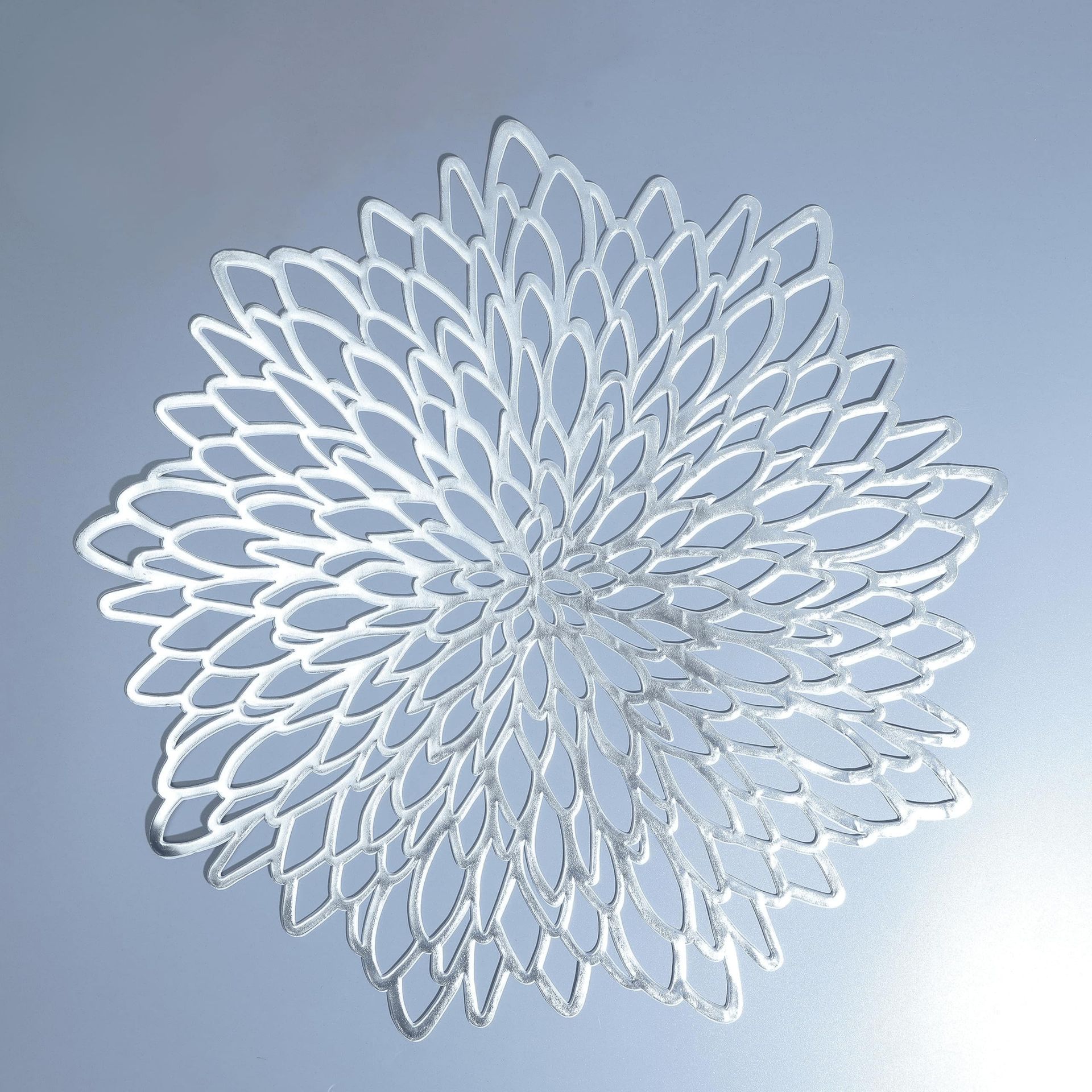 12-Pack Round Flower Placemats Metallic Laminated Vinyl Table Mats for Dining, Party & Wedding Décor - Silver L - Spring Refresh