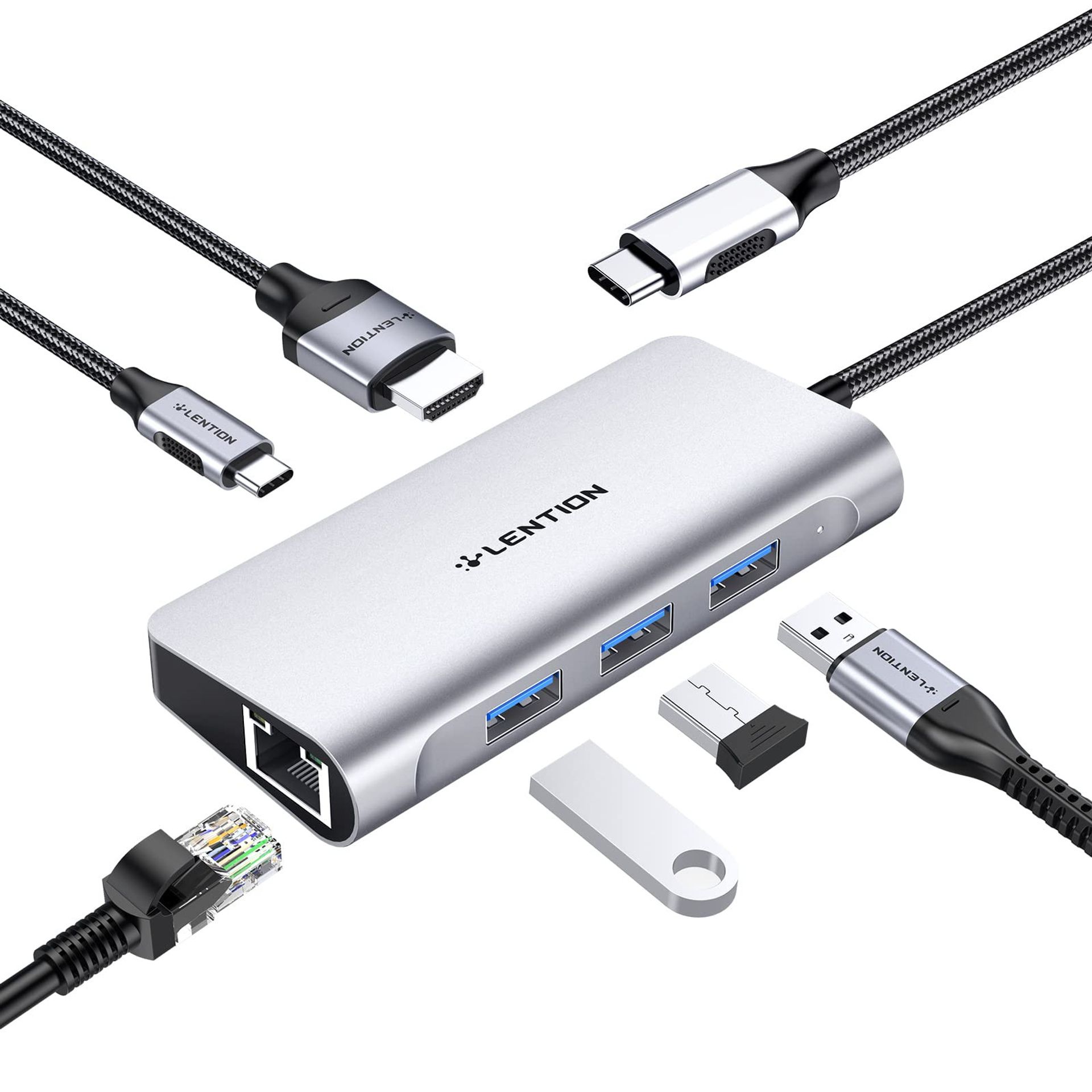 USB C Hub 8-in-1 with 4K HDMI, Gigabit Ethernet, 3 USB 3.0 Ports & Type C Charging for MacBook, Chromebook & Surface - Silver CB-C65