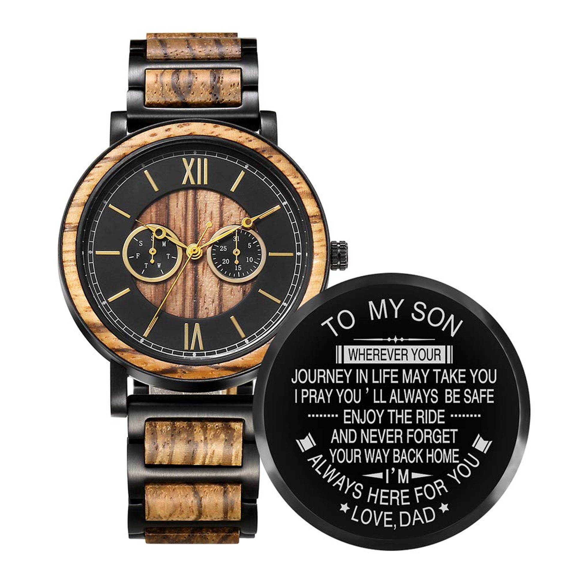 Men's Engraved Wooden Quartz Watch Gift Set with Bracelet & Box - For Son from Dad Men's Standard