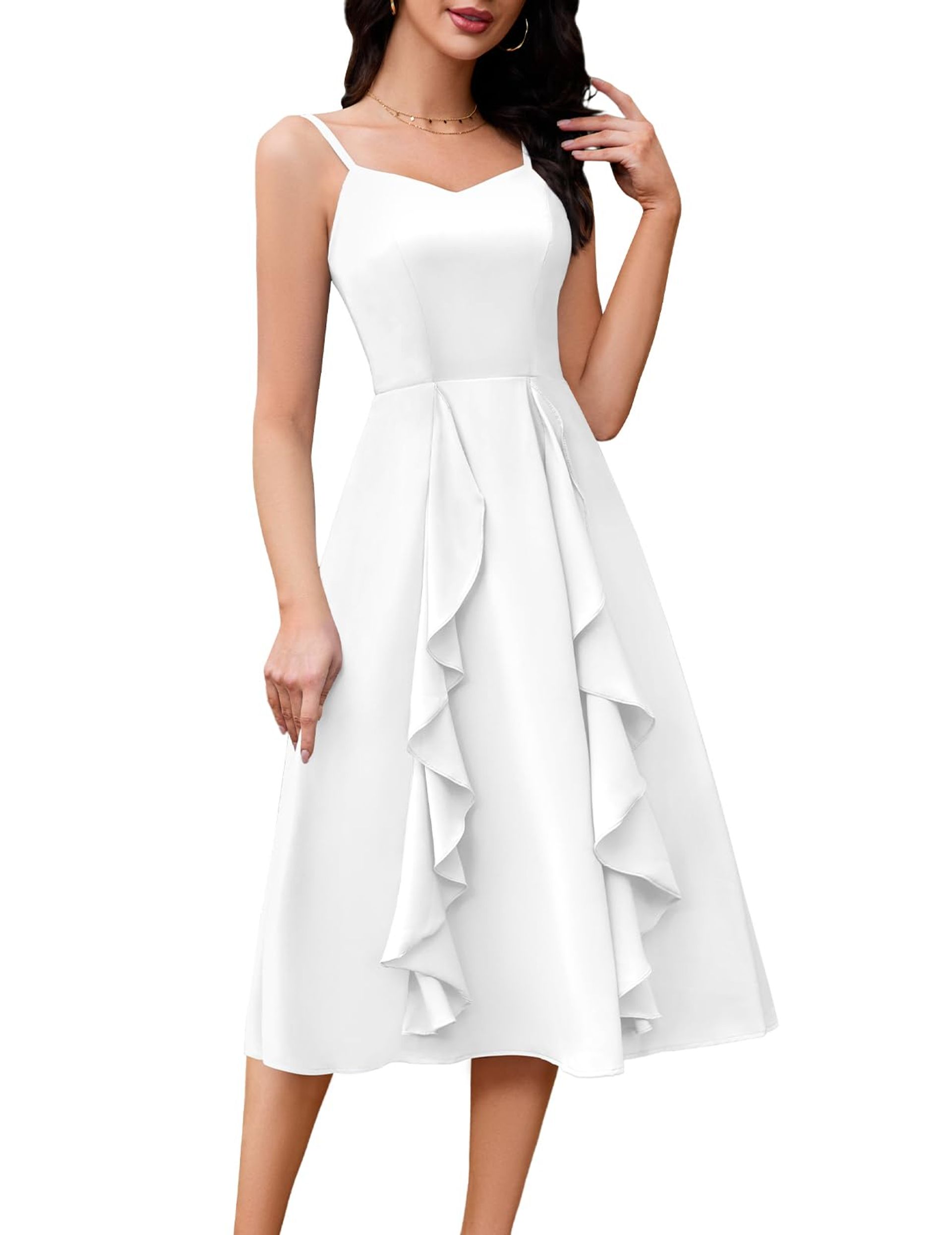 Women's Summer Beach Dress Sleeveless Flowy A-Line Lace Hem Wedding Guest Outfit - White L