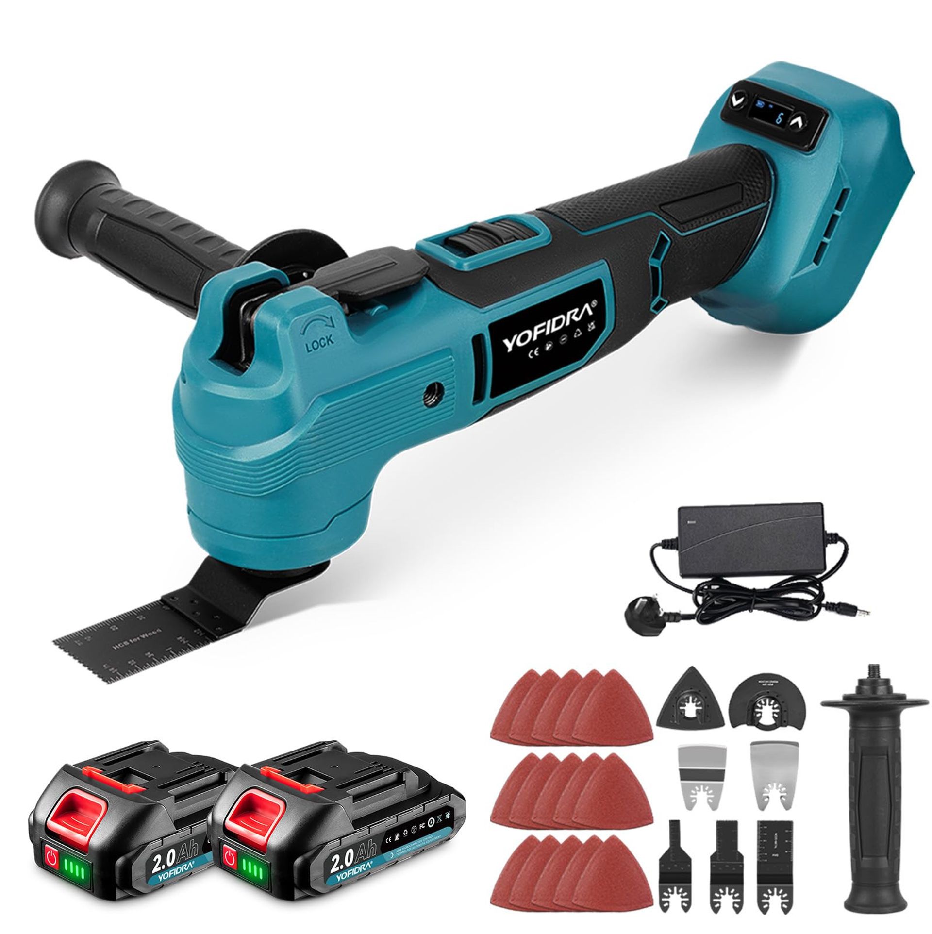 Cordless Oscillating Multi-Tool 21V 6-Speed 15000–22000 RPM with 2x2.0Ah Batteries & Quick-Fit Blade - Blue 22000RPM