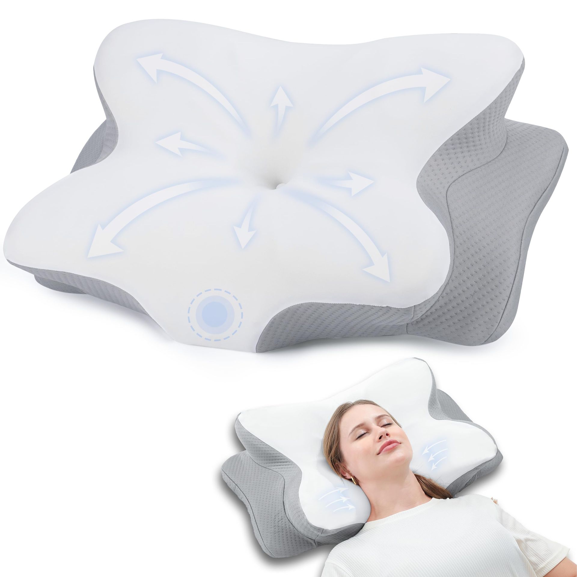 Cervical Memory Foam Neck Pillow Ergonomic Orthopaedic Support with Washable Cover for Neck and Shoulder Pain Relief - Grey Queen Size